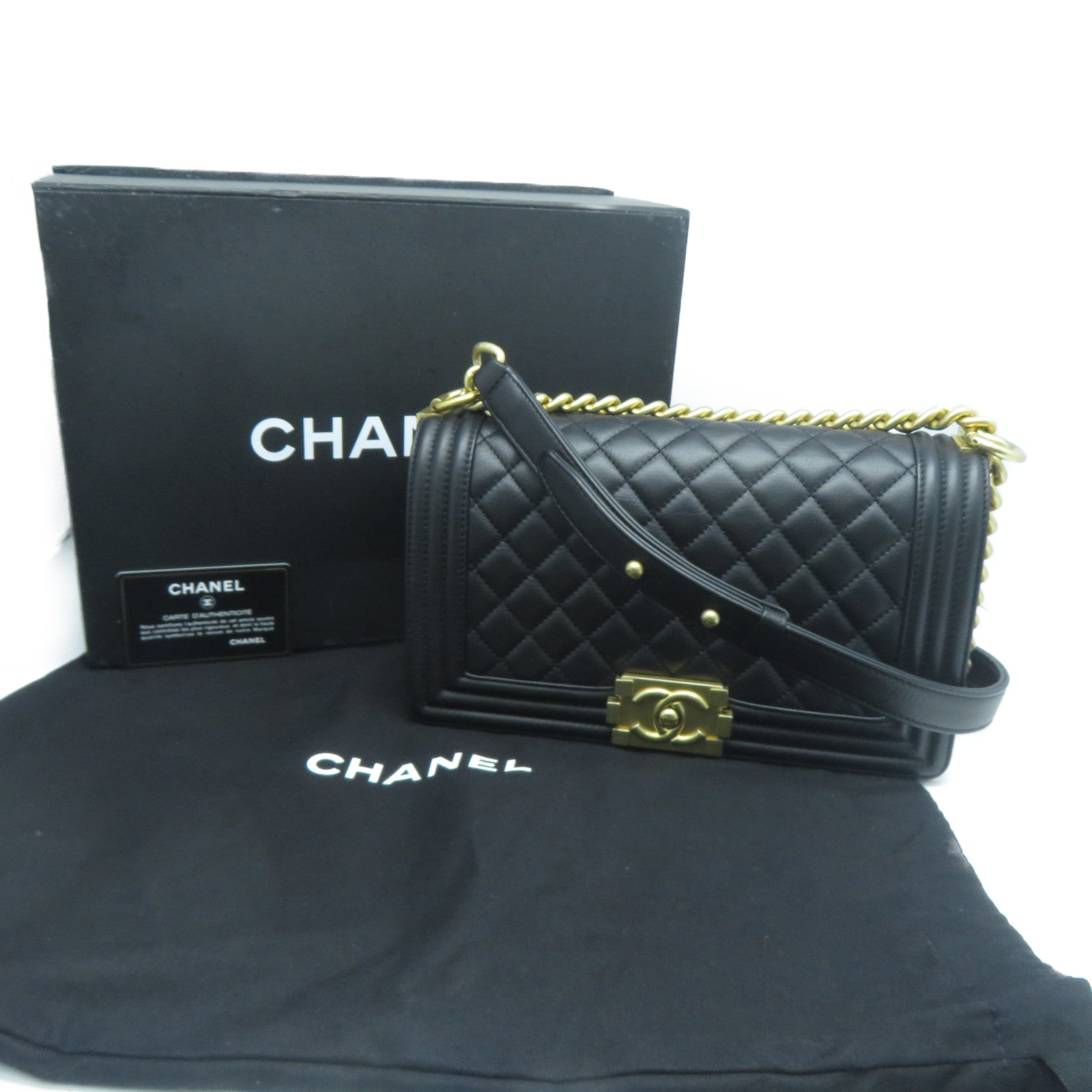 CHANEL 菱格牛皮皮革Boy 25cm金扣鏈帶肩背袋黑色