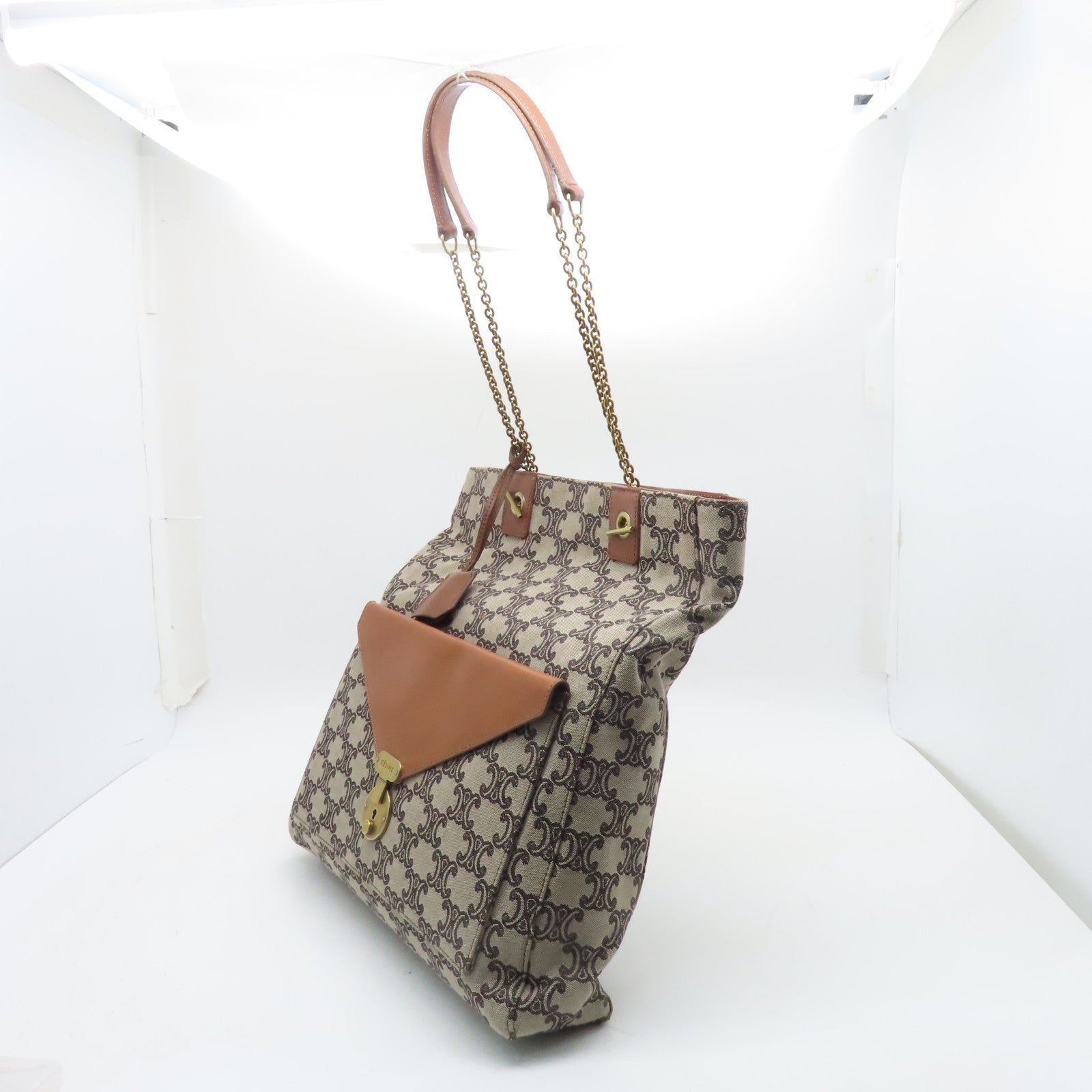 CELINE 帆布Shopper金扣鏈帶肩背袋啡色