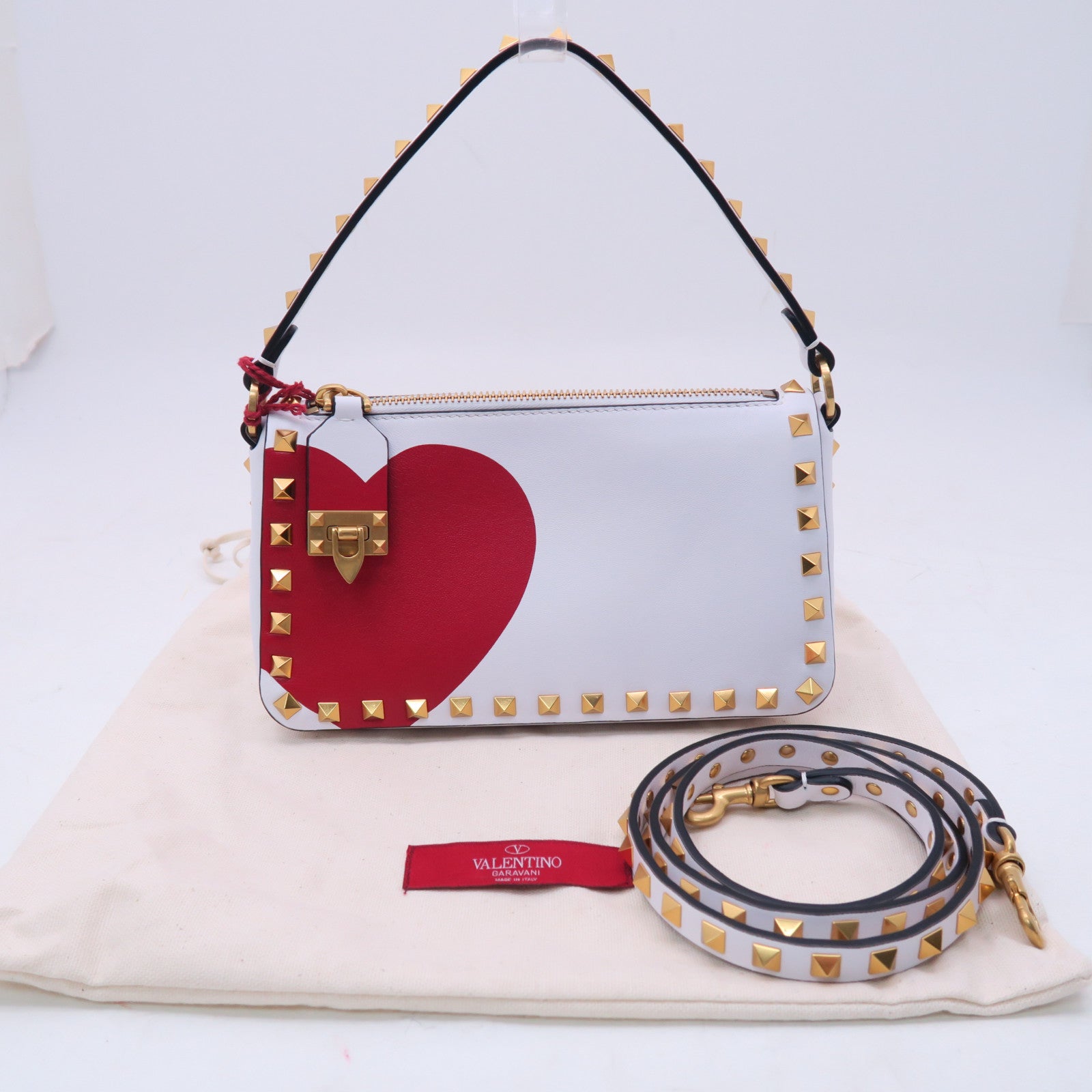Valentino 牛皮皮革Shoulder Bag金扣手挽肩背兩用袋白色/紅色
