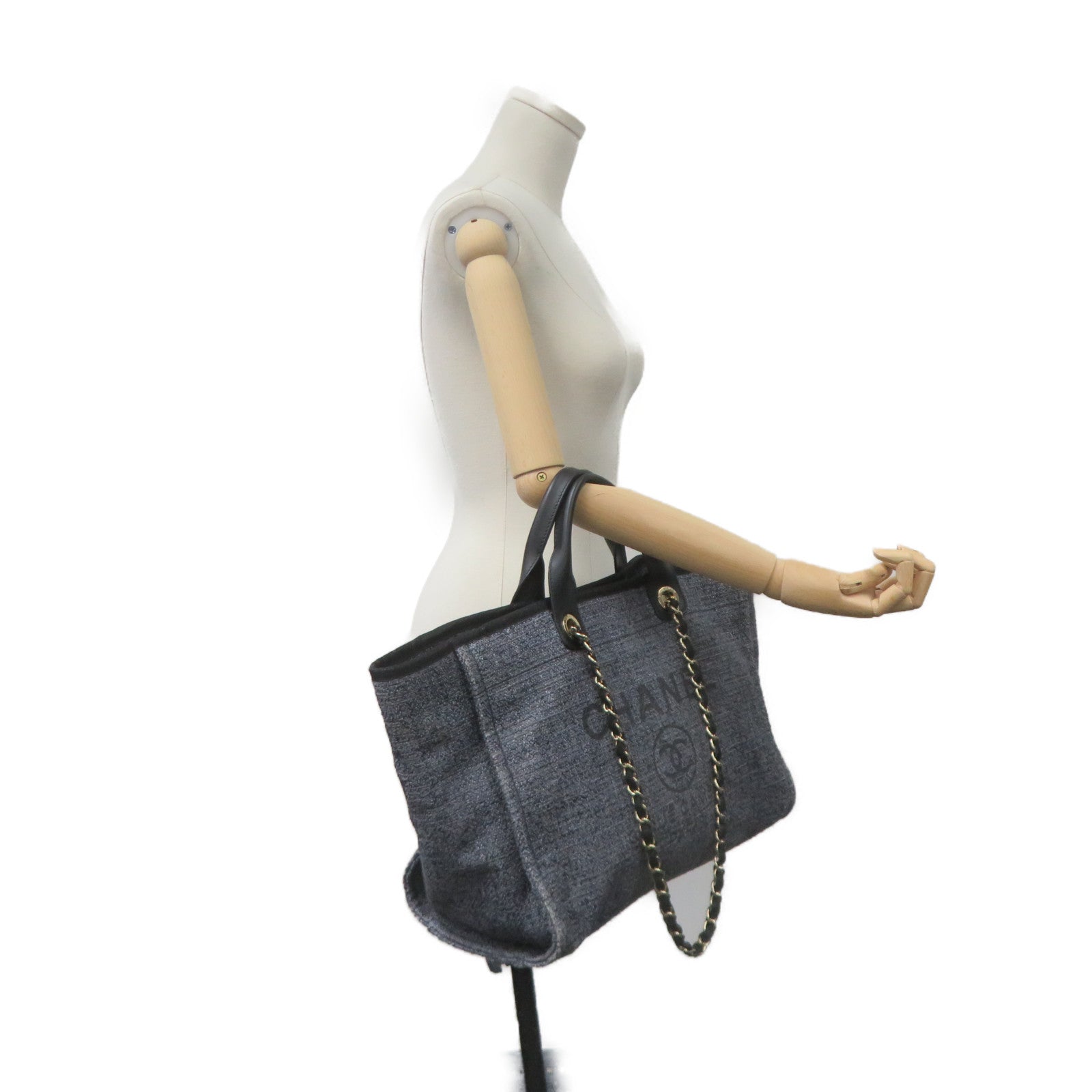CHANEL Canvas 2Way Shoulder Bag Gold Buckle Chain Belt Handle Shoulder Bag Dark Blue