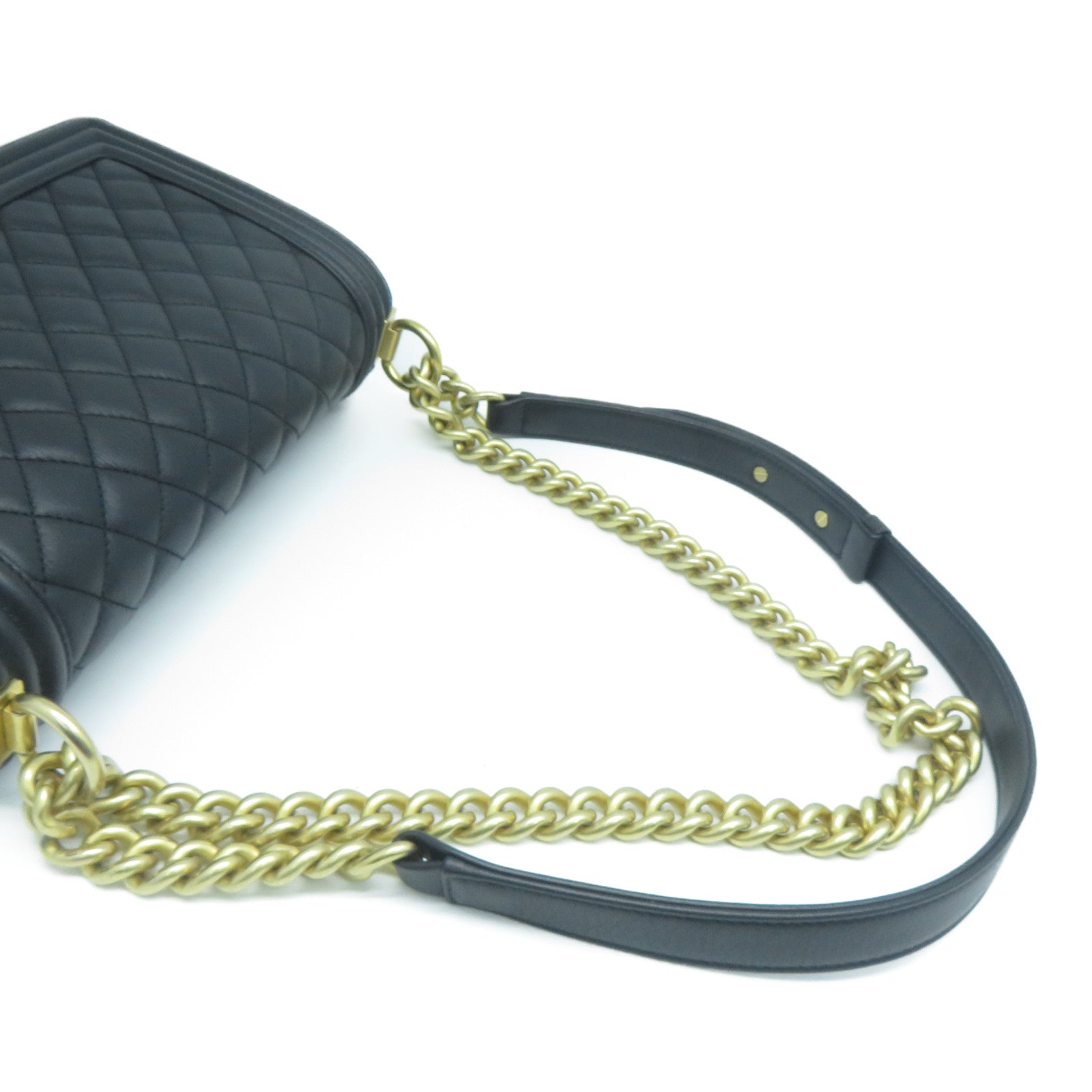 CHANEL 菱格牛皮皮革Boy 25cm金扣鏈帶肩背袋黑色