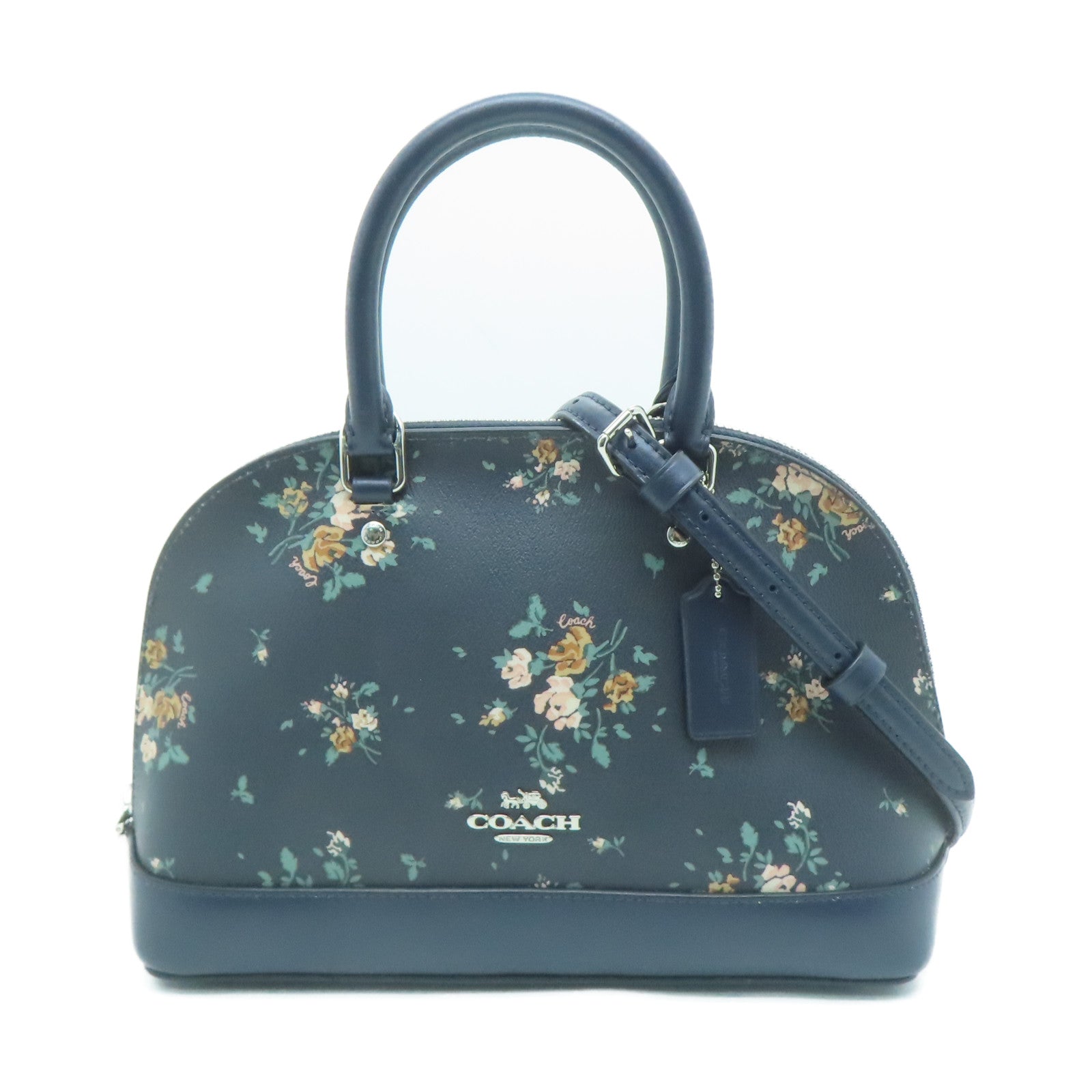 COACH 涂层帆布/牛皮皮革Shoulder Bag银扣手挽肩背两用袋深蓝色