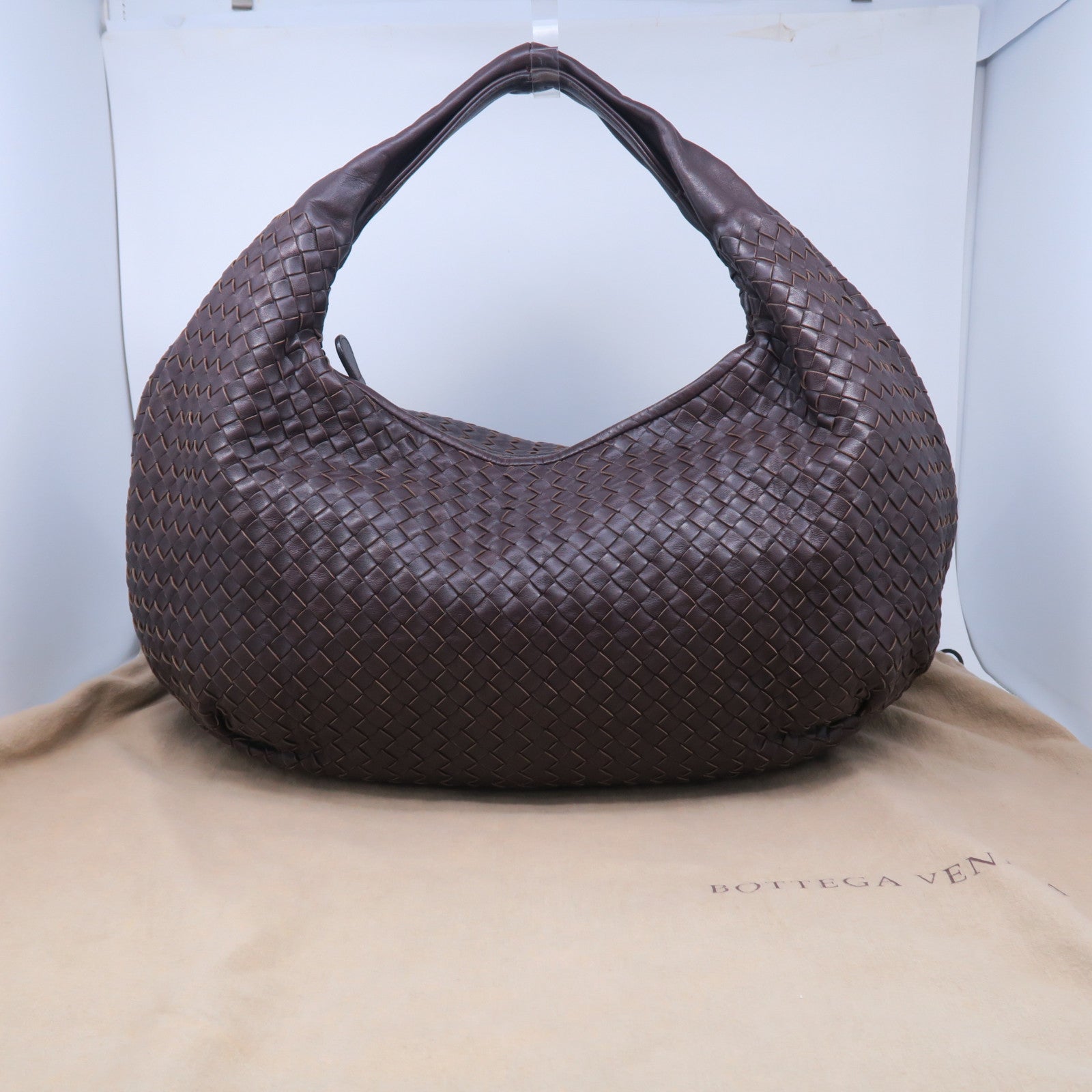 BOTTEGA VENETA 織紋皮革Hobo銀扣肩背袋啡色
