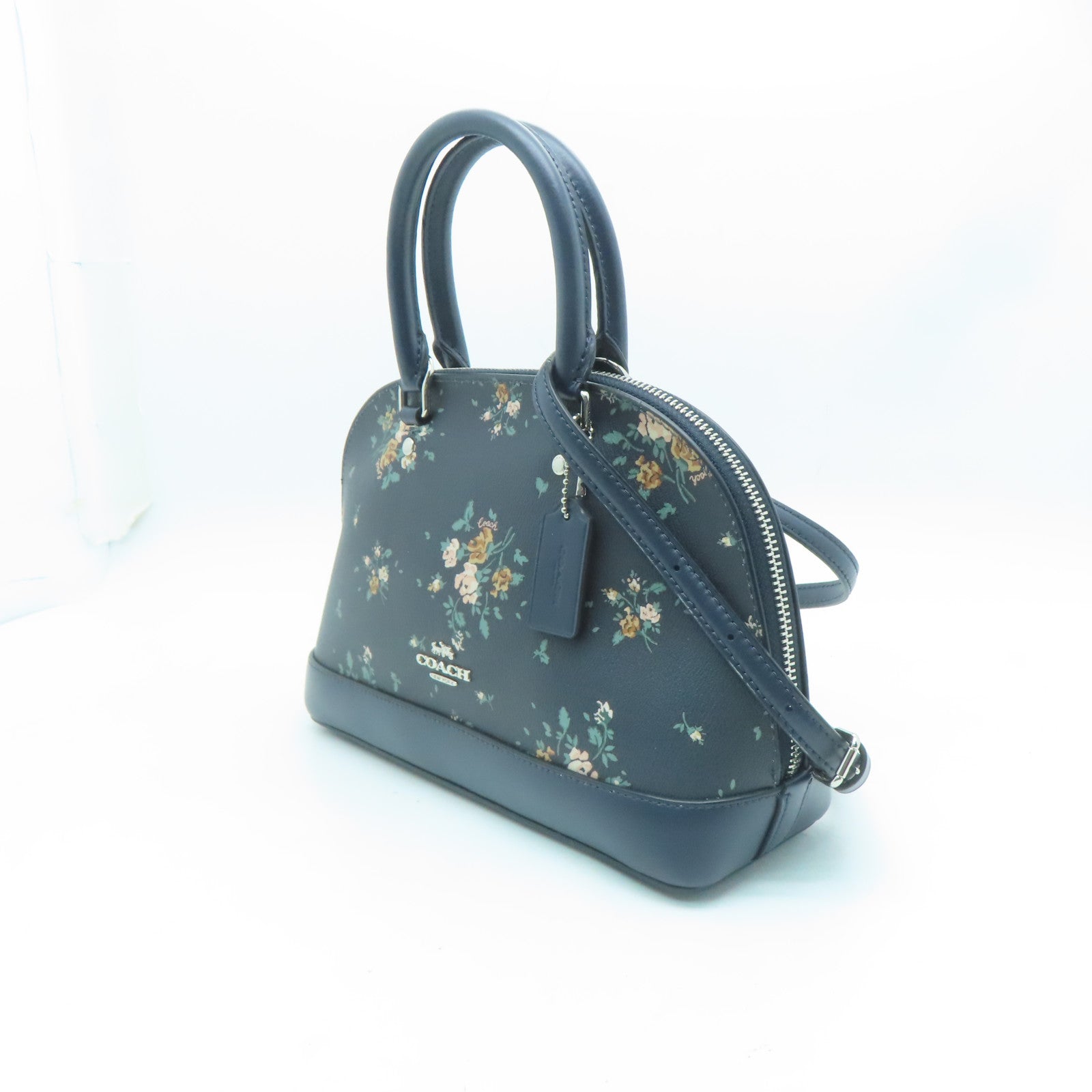 COACH 涂层帆布/牛皮皮革Shoulder Bag银扣手挽肩背两用袋深蓝色