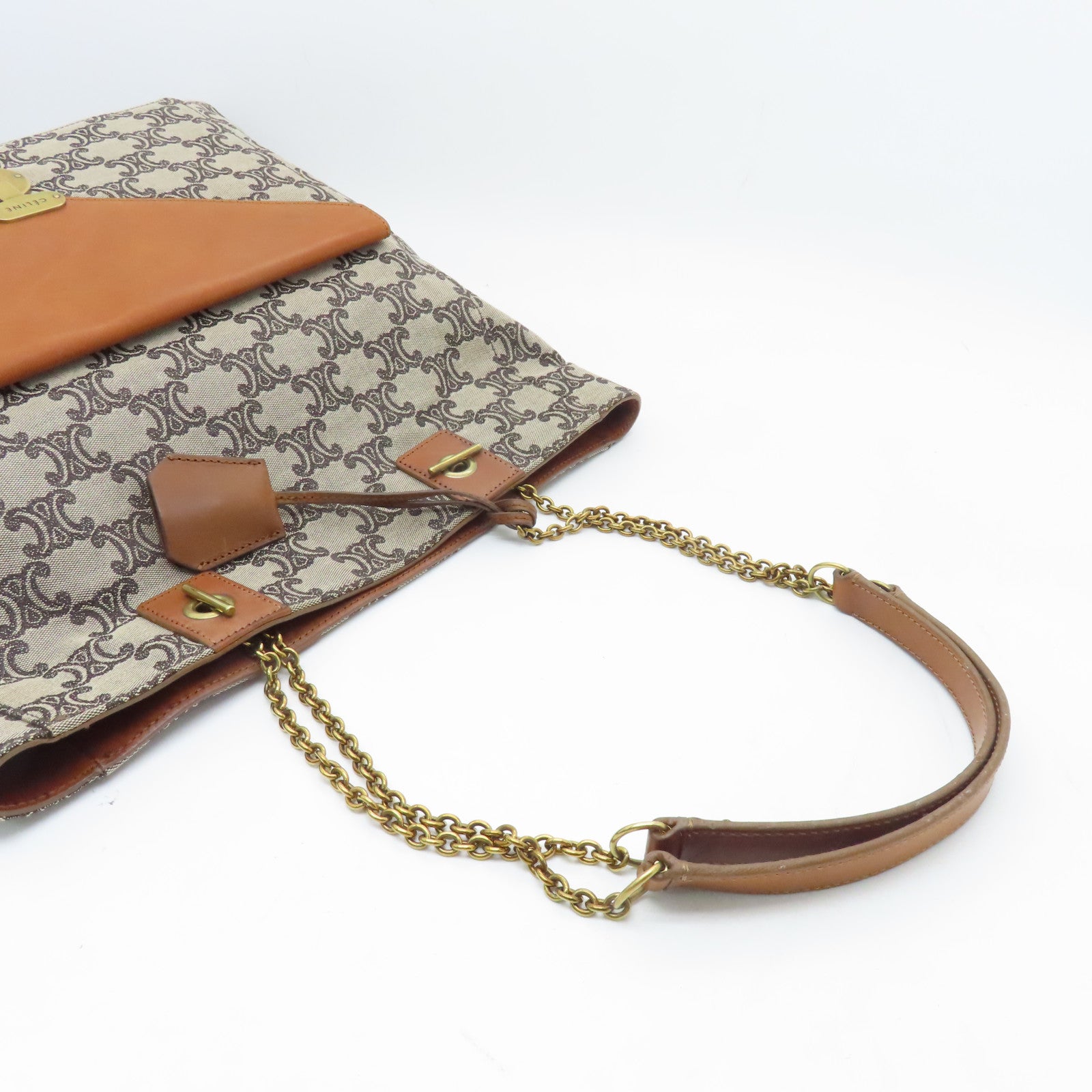 CELINE 帆布Shopper金扣鏈帶肩背袋啡色