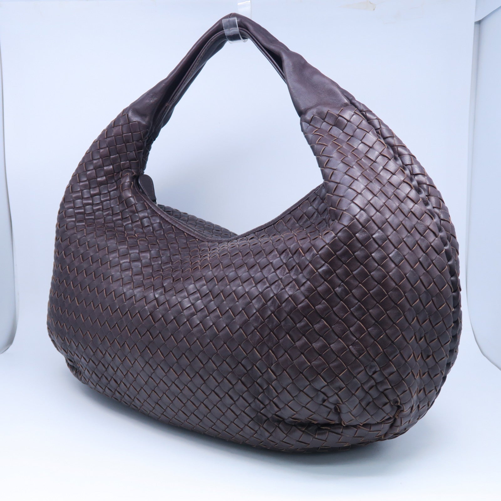 BOTTEGA VENETA 織紋皮革Hobo銀扣肩背袋啡色