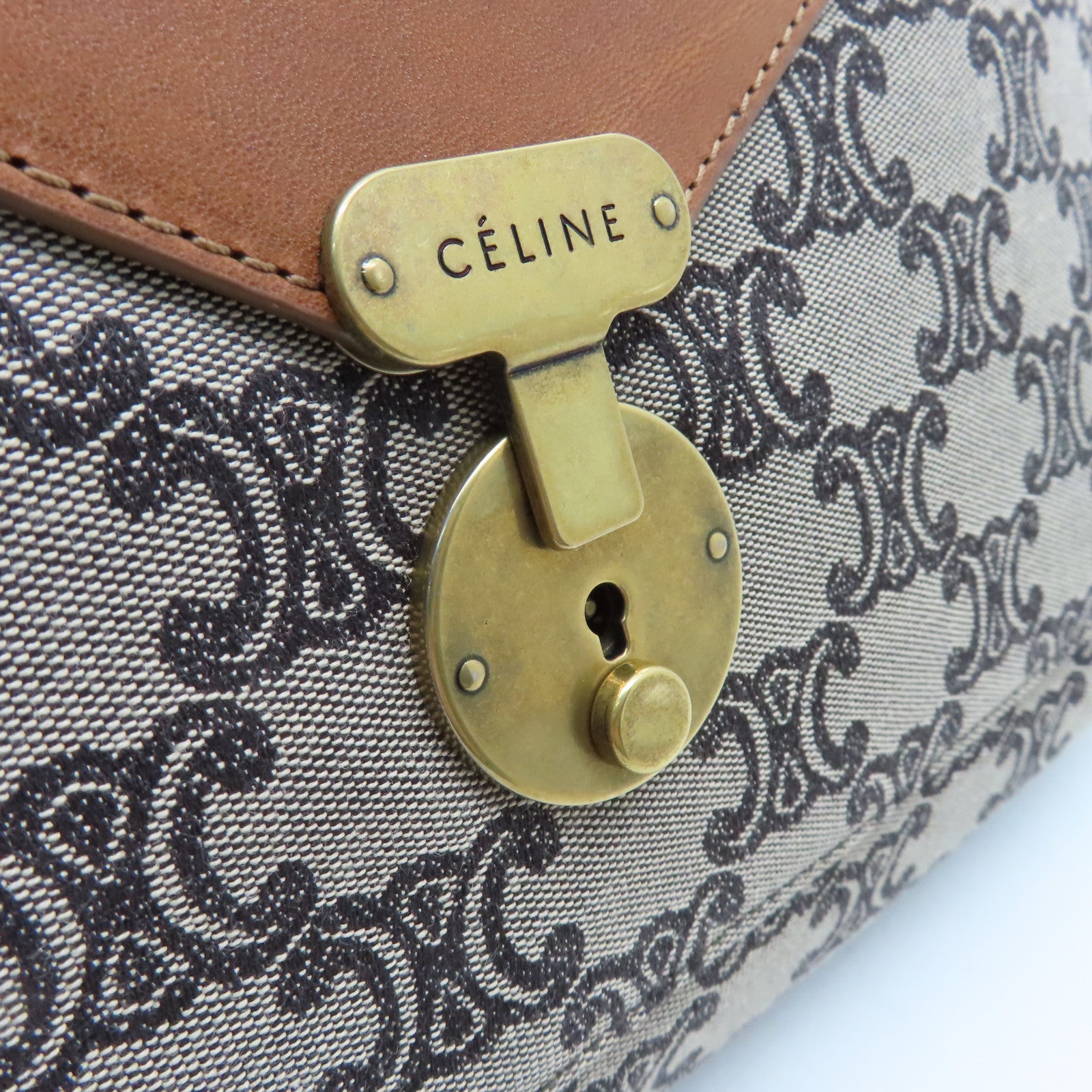 CELINE 帆布Shopper金扣鏈帶肩背袋啡色
