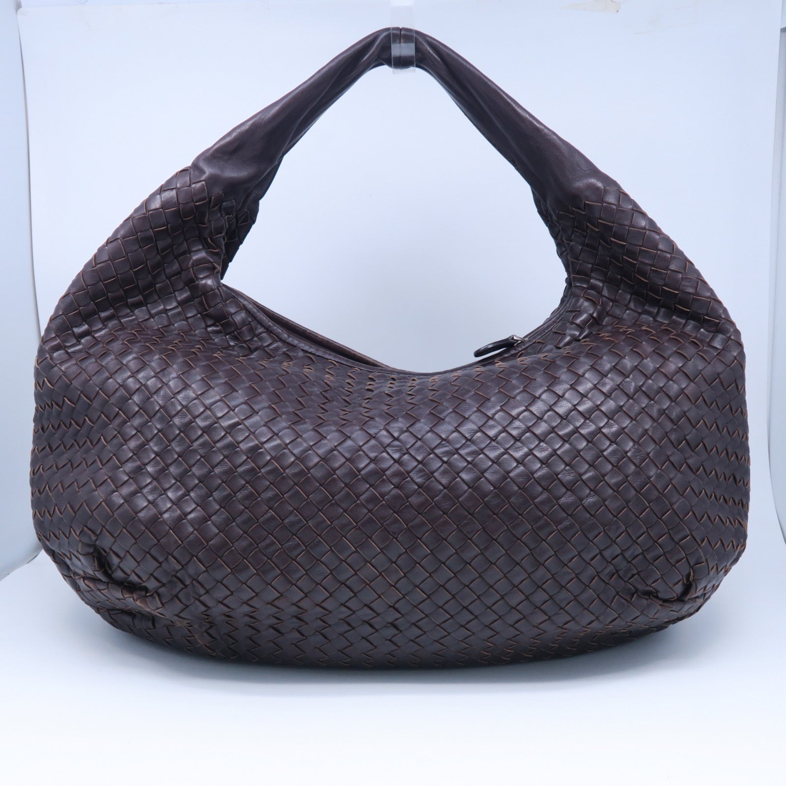BOTTEGA VENETA 織紋皮革Hobo銀扣肩背袋啡色