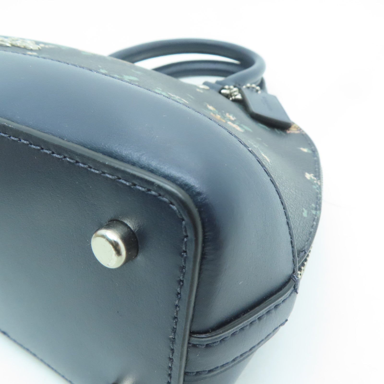 COACH 涂层帆布/牛皮皮革Shoulder Bag银扣手挽肩背两用袋深蓝色