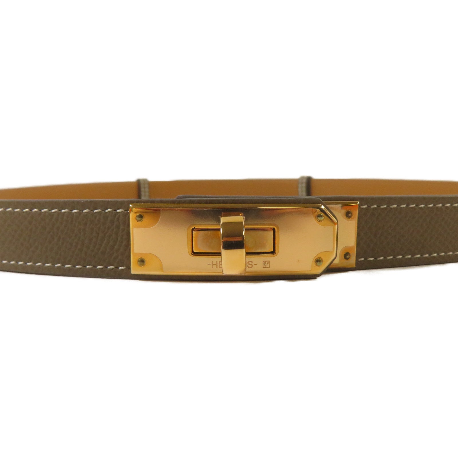 HERMES Epsom皮革Kelly Belt金扣皮帶Etoupe大象灰色