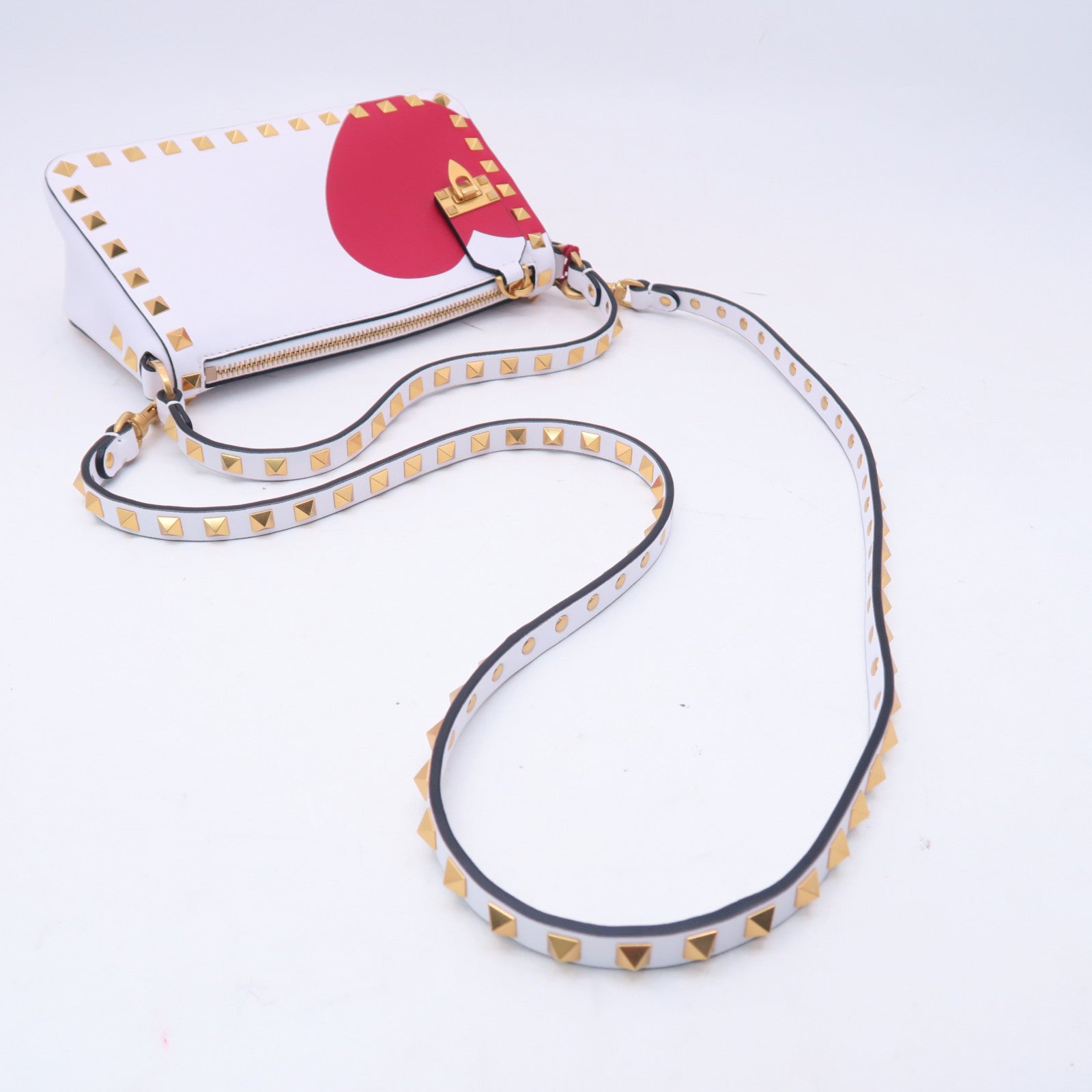 Valentino 牛皮皮革Shoulder Bag金扣手挽肩背兩用袋白色/紅色