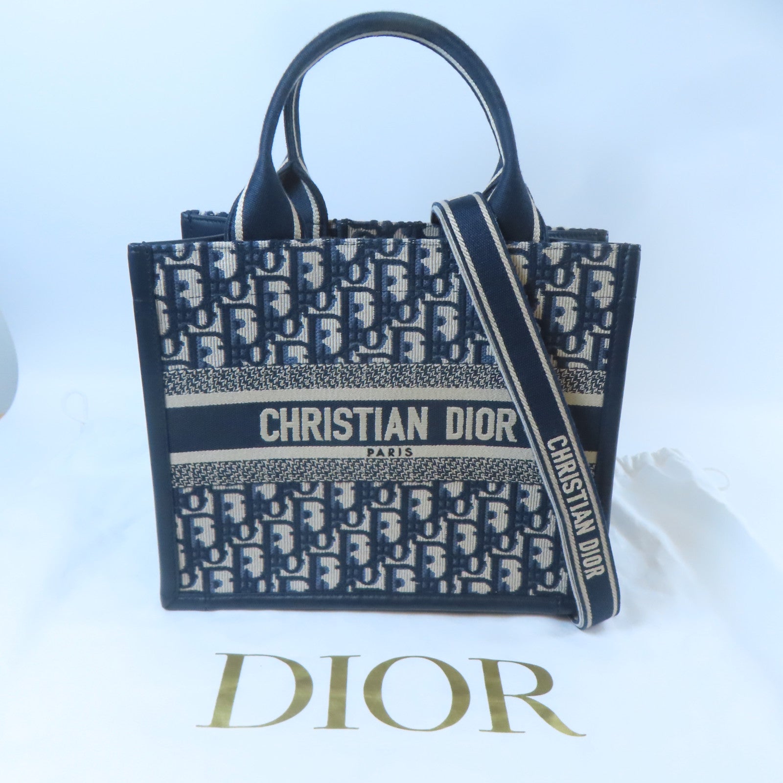 Dior 帆布Small Dior Book Tote金扣手挽肩背兩用袋藍色