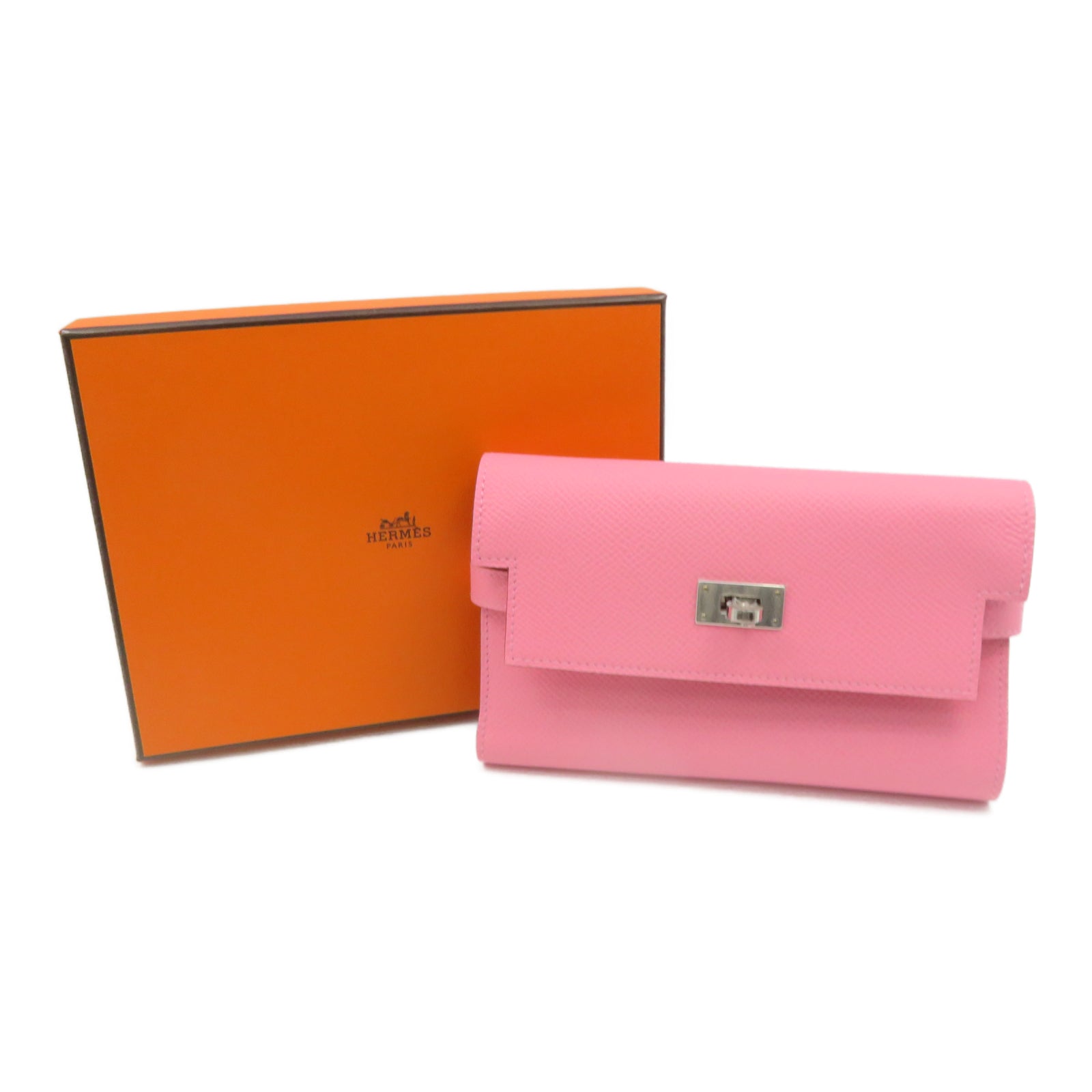 HERMES 【激减优惠】Veau Epsom皮革Kelly Short Wallet银扣钱包粉红色