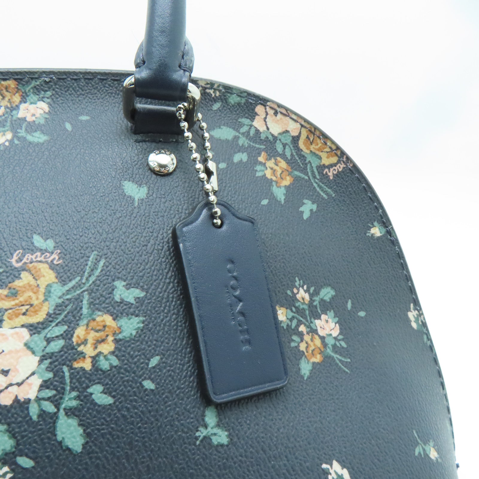 COACH 涂层帆布/牛皮皮革Shoulder Bag银扣手挽肩背两用袋深蓝色