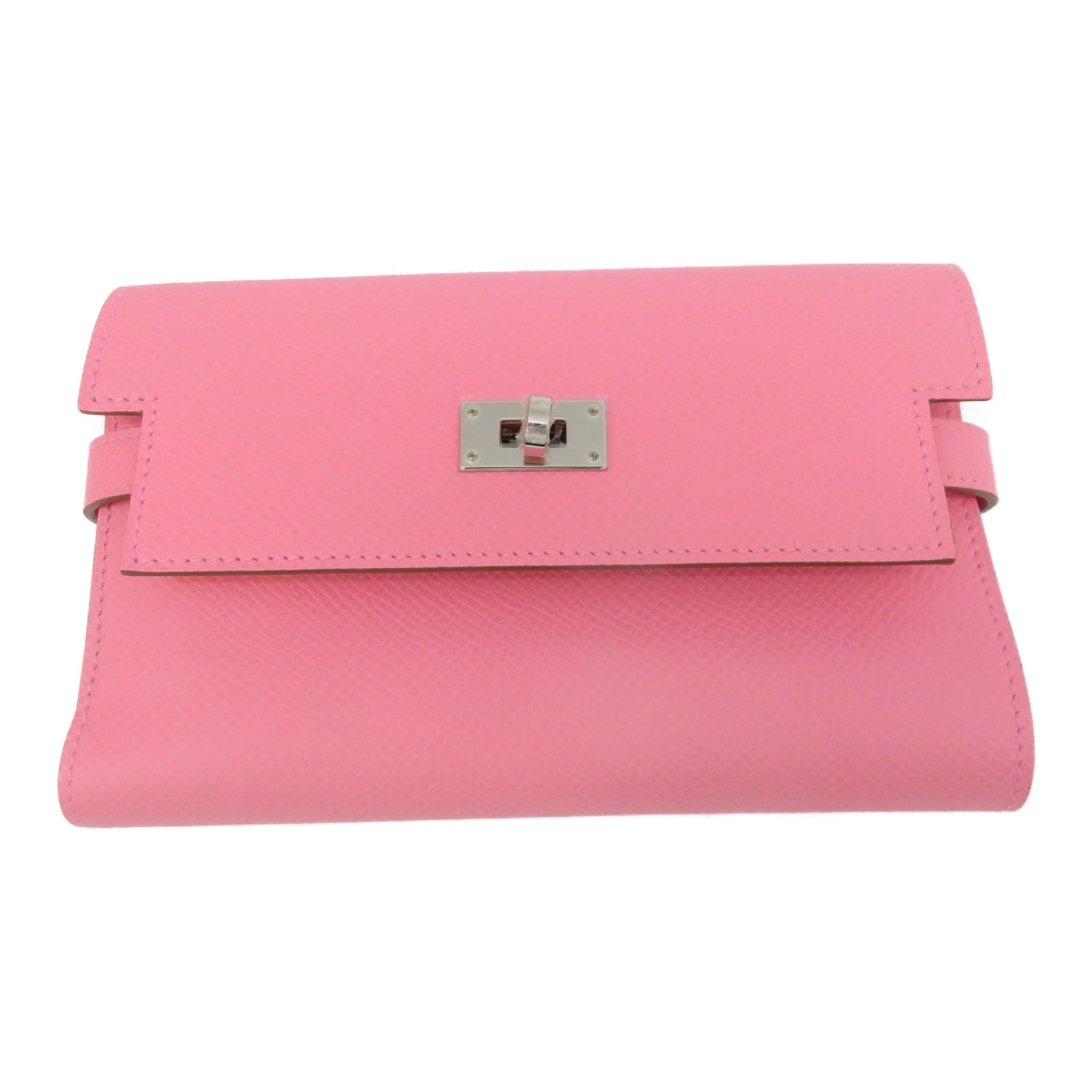 HERMES 【激减优惠】Veau Epsom皮革Kelly Short Wallet银扣钱包粉红色