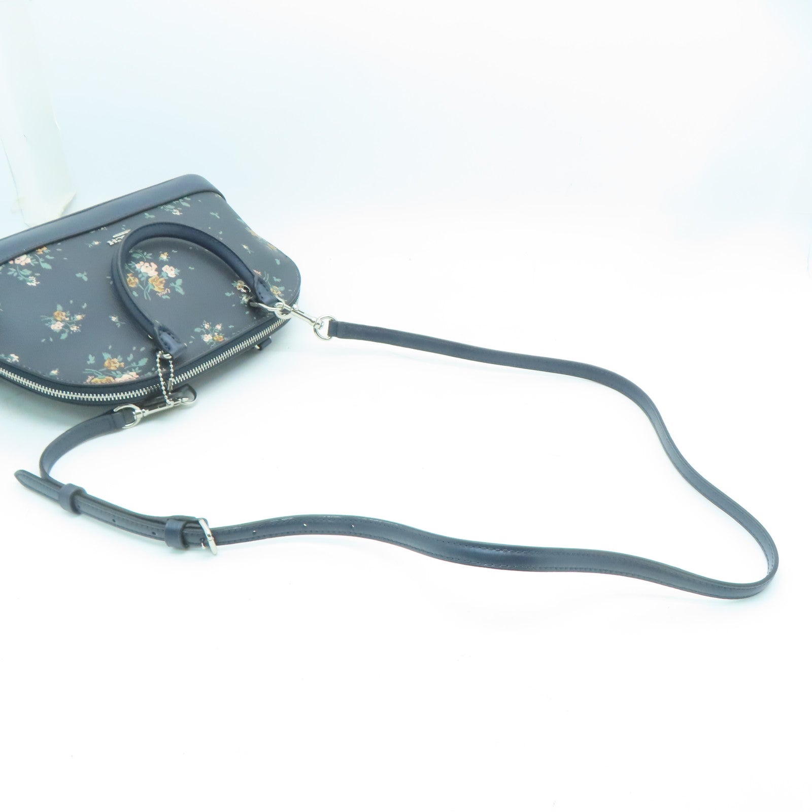 COACH 涂层帆布/牛皮皮革Shoulder Bag银扣手挽肩背两用袋深蓝色