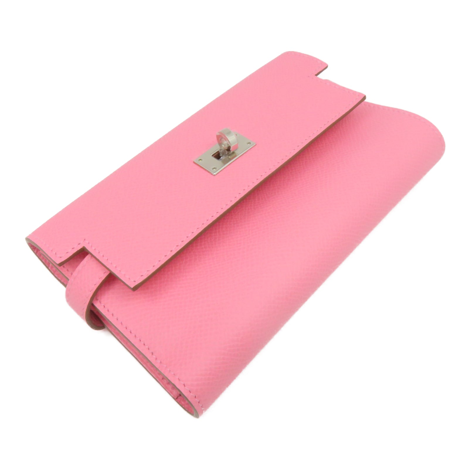 HERMES 【激减优惠】Veau Epsom皮革Kelly Short Wallet银扣钱包粉红色