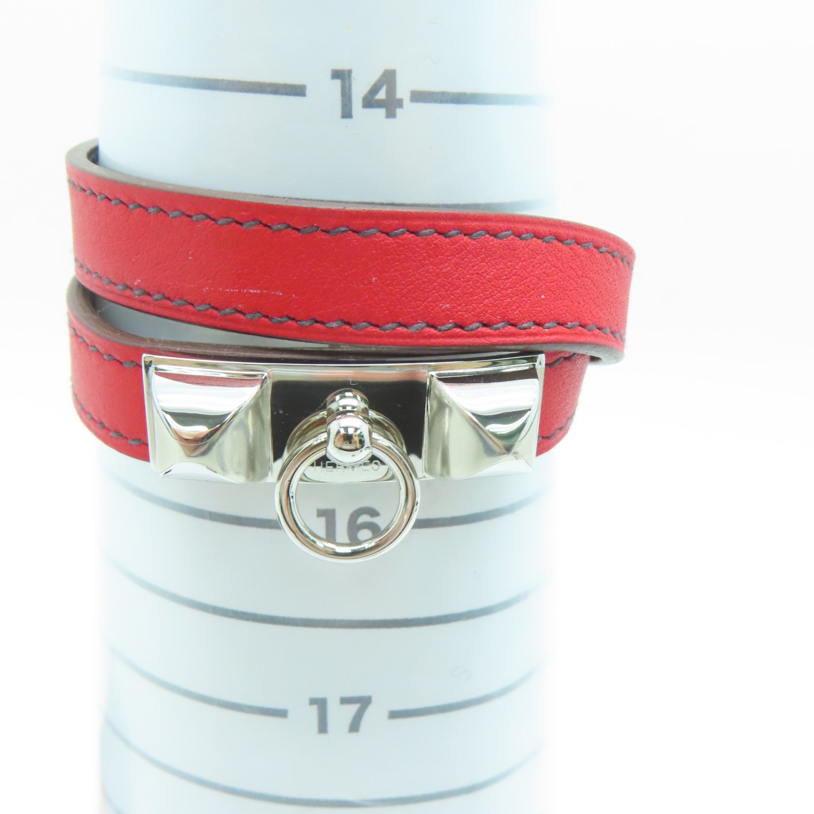 HERMES Swift皮革Rivale Double Tour Bracelet銀扣手帶紅色