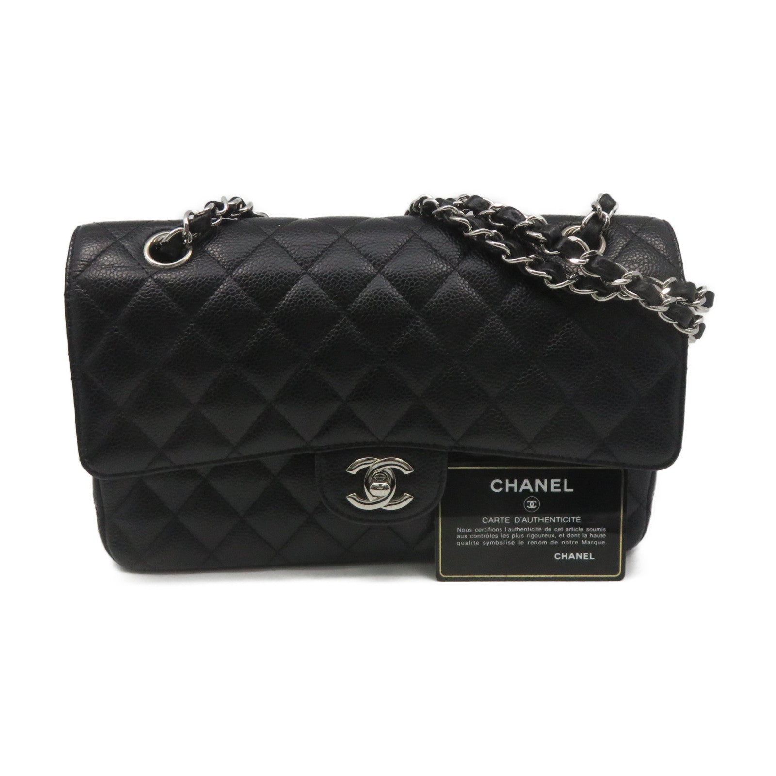 CHANEL 菱格Caviar皮革Classic Flap Chain Shoulder Bag銀扣鏈帶肩背袋黑色