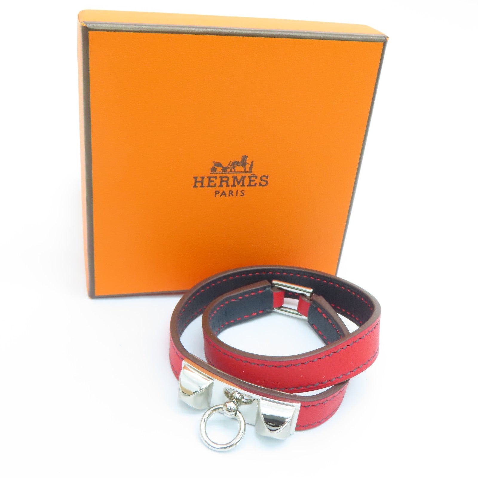 HERMES Swift皮革Rivale Double Tour Bracelet銀扣手帶紅色