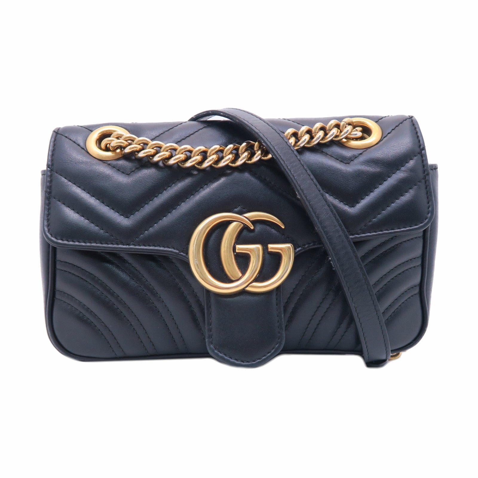 GUCCI 牛皮皮革GG Marmont Small金扣鏈帶肩背袋黑色