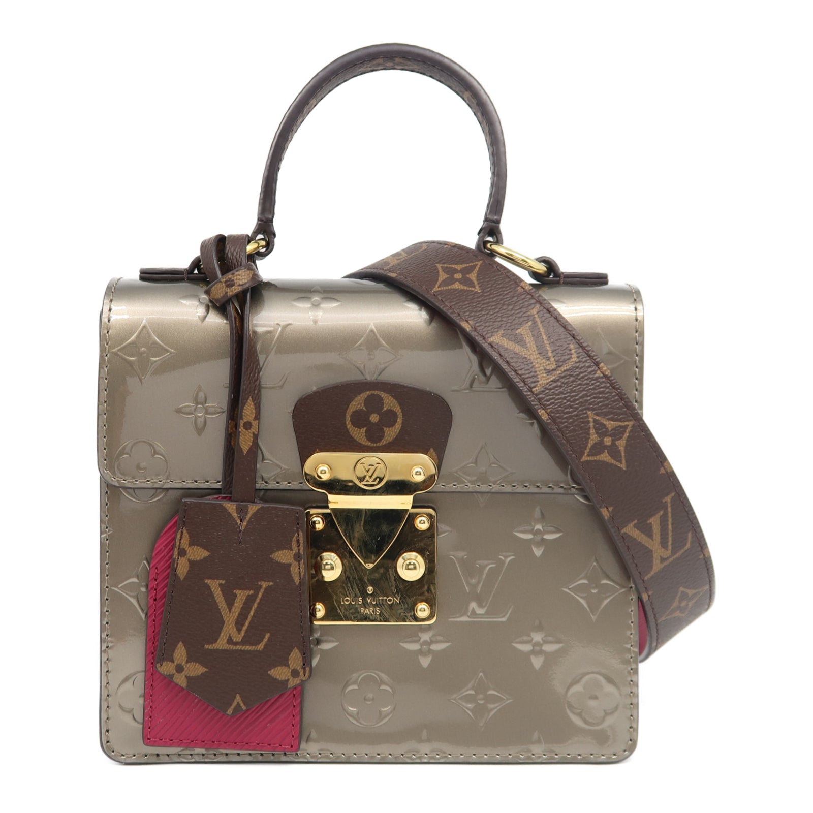 LOUIS VUITTON Monogram Vernis Spring Street金扣手挽肩背兩用袋香檳灰色