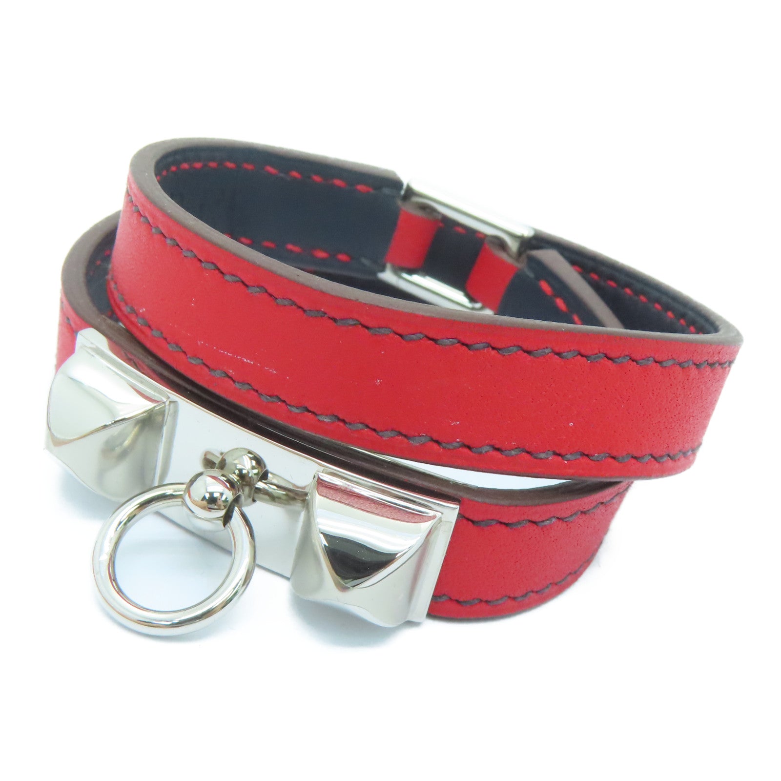 HERMES Swift皮革Rivale Double Tour Bracelet銀扣手帶紅色