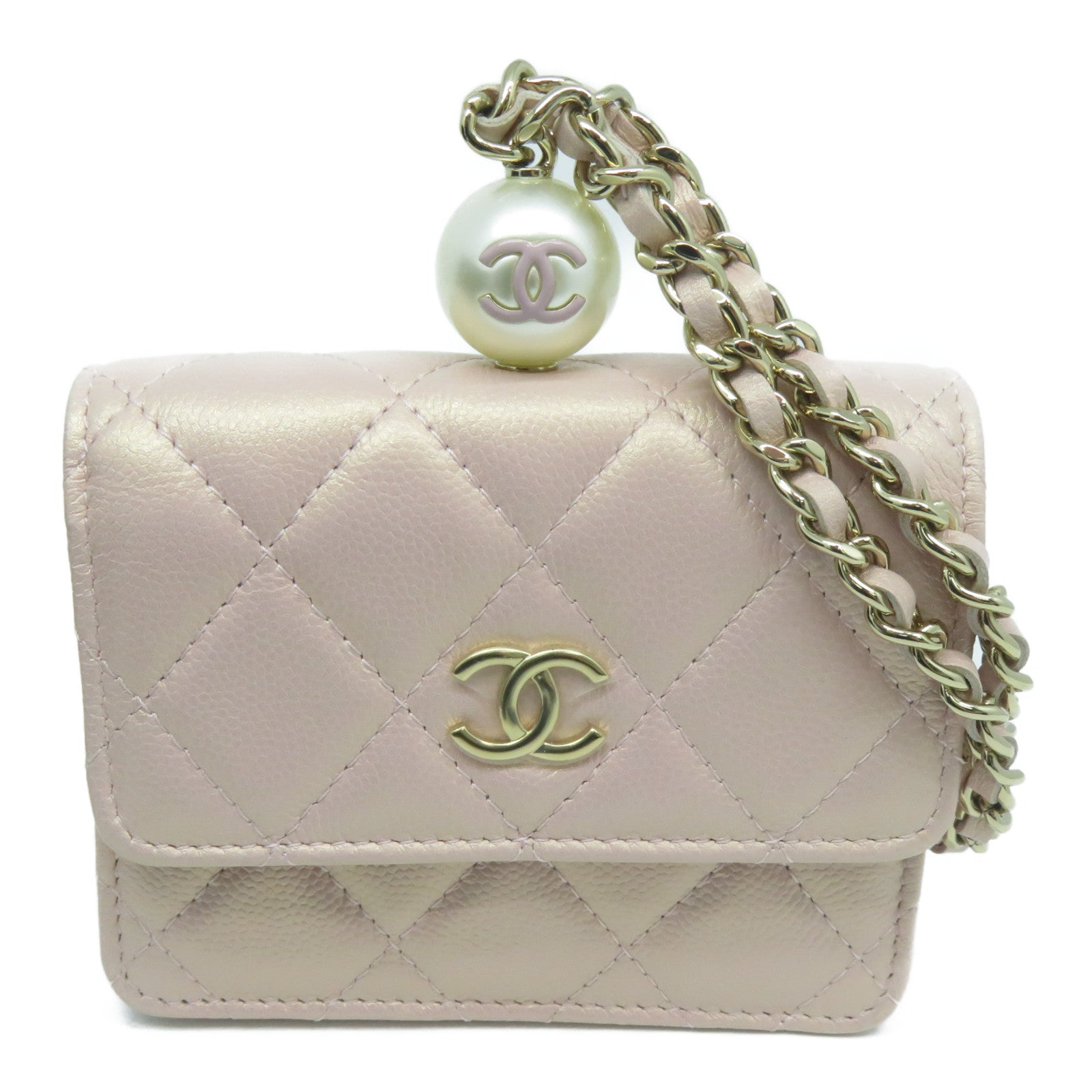 CHANEL 菱格Caviar皮革CC Pearl Chain Bag金扣零錢包粉紅色