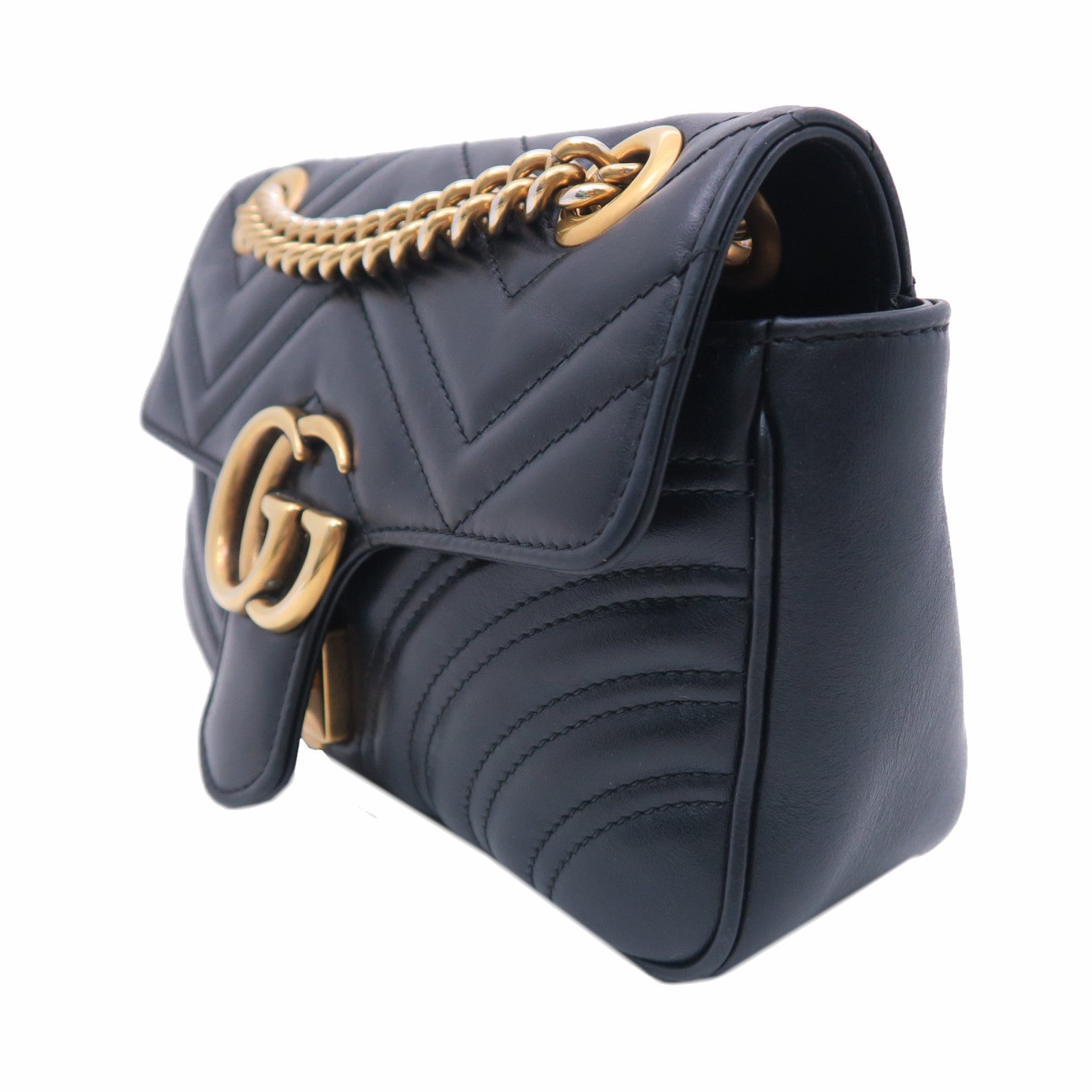 GUCCI 牛皮皮革GG Marmont Small金扣鏈帶肩背袋黑色
