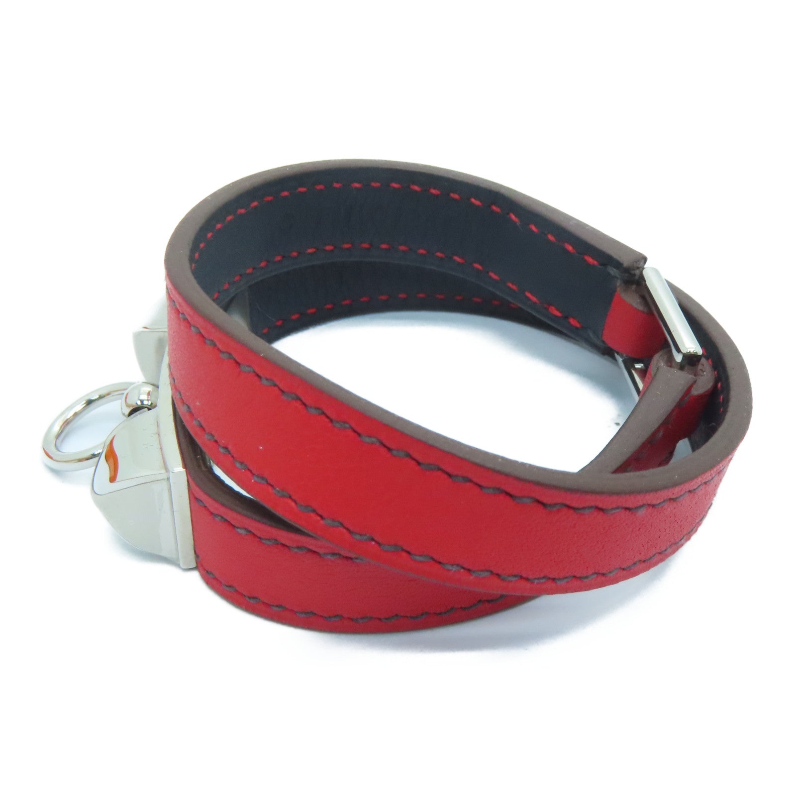 HERMES Swift皮革Rivale Double Tour Bracelet銀扣手帶紅色
