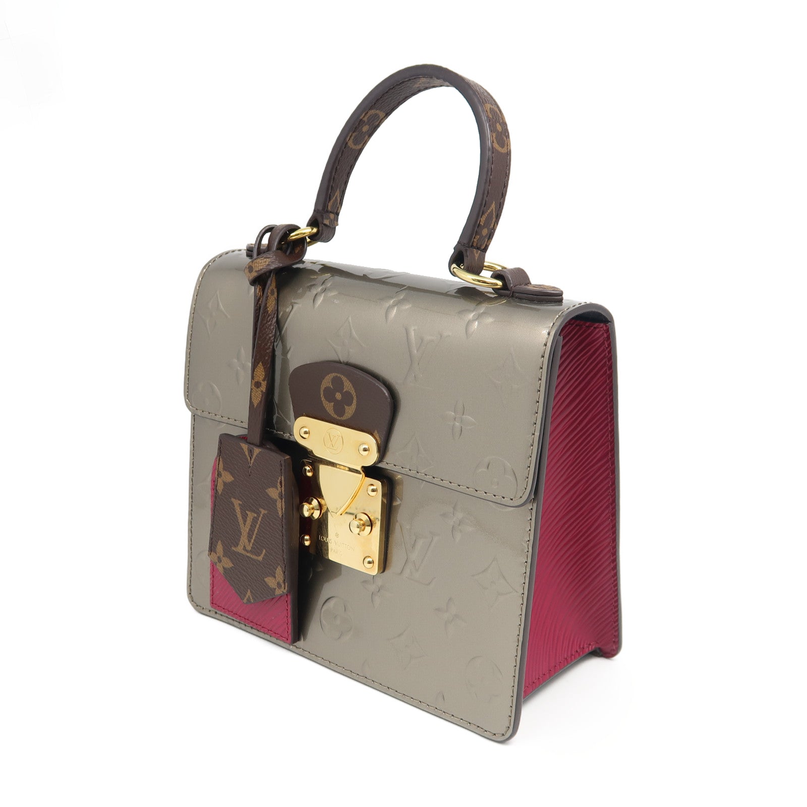 LOUIS VUITTON Monogram Vernis Spring Street金扣手挽肩背兩用袋香檳灰色