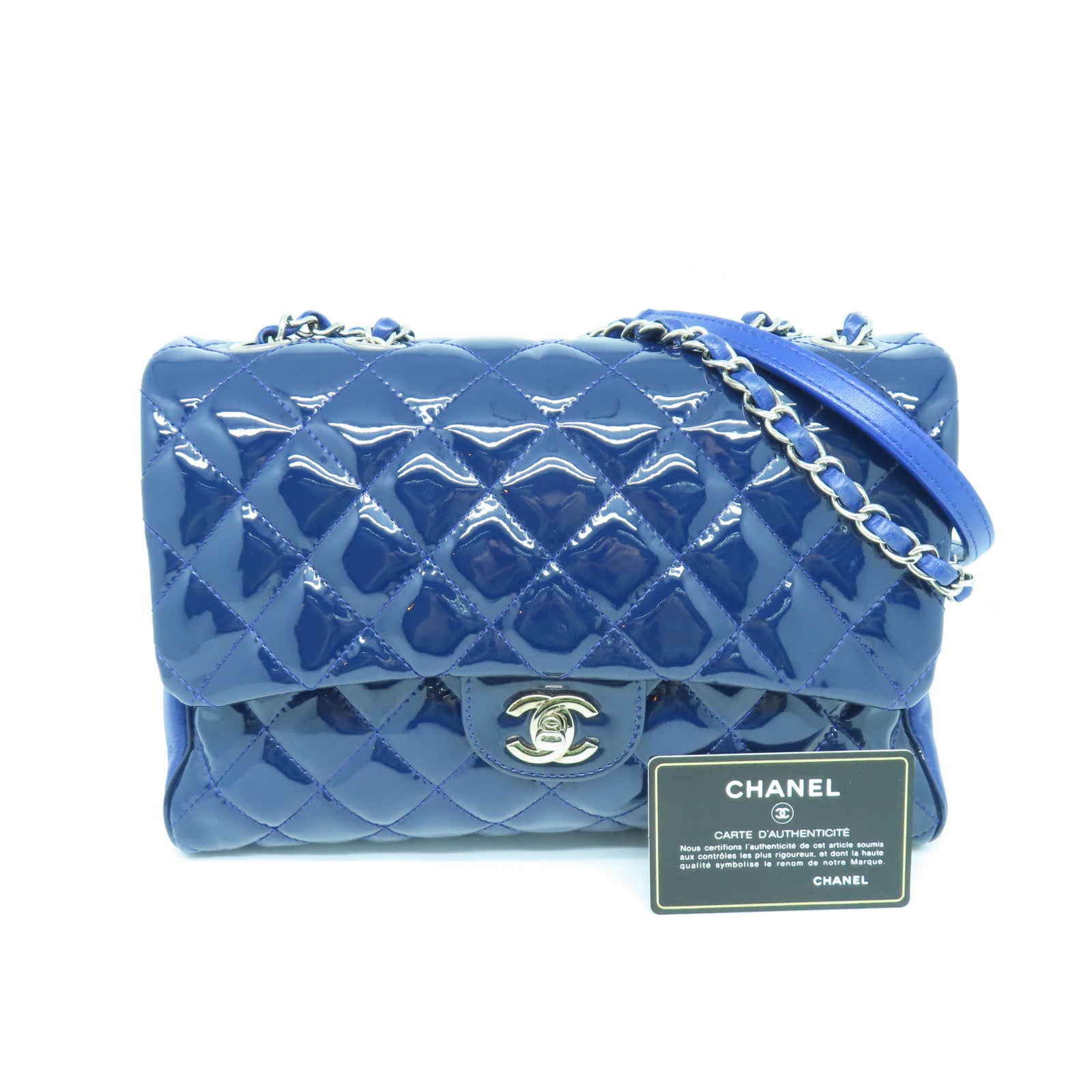 CHANEL 菱格漆皮皮革Chain Shoulder Bag銀扣鏈帶肩背袋藍色