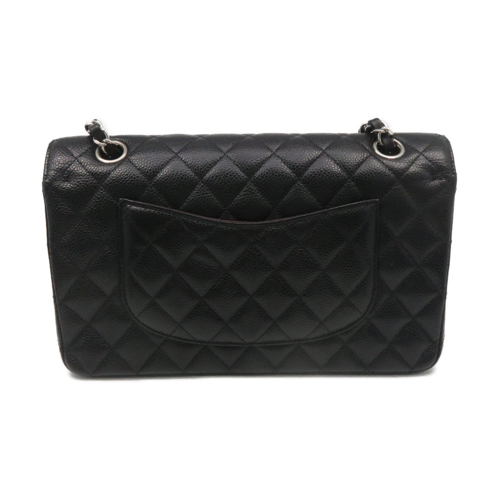 CHANEL 菱格Caviar皮革Classic Flap Chain Shoulder Bag銀扣鏈帶肩背袋黑色