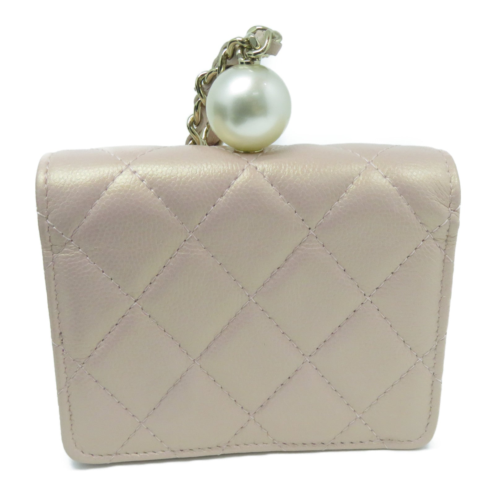 CHANEL 菱格Caviar皮革CC Pearl Chain Bag金扣零錢包粉紅色