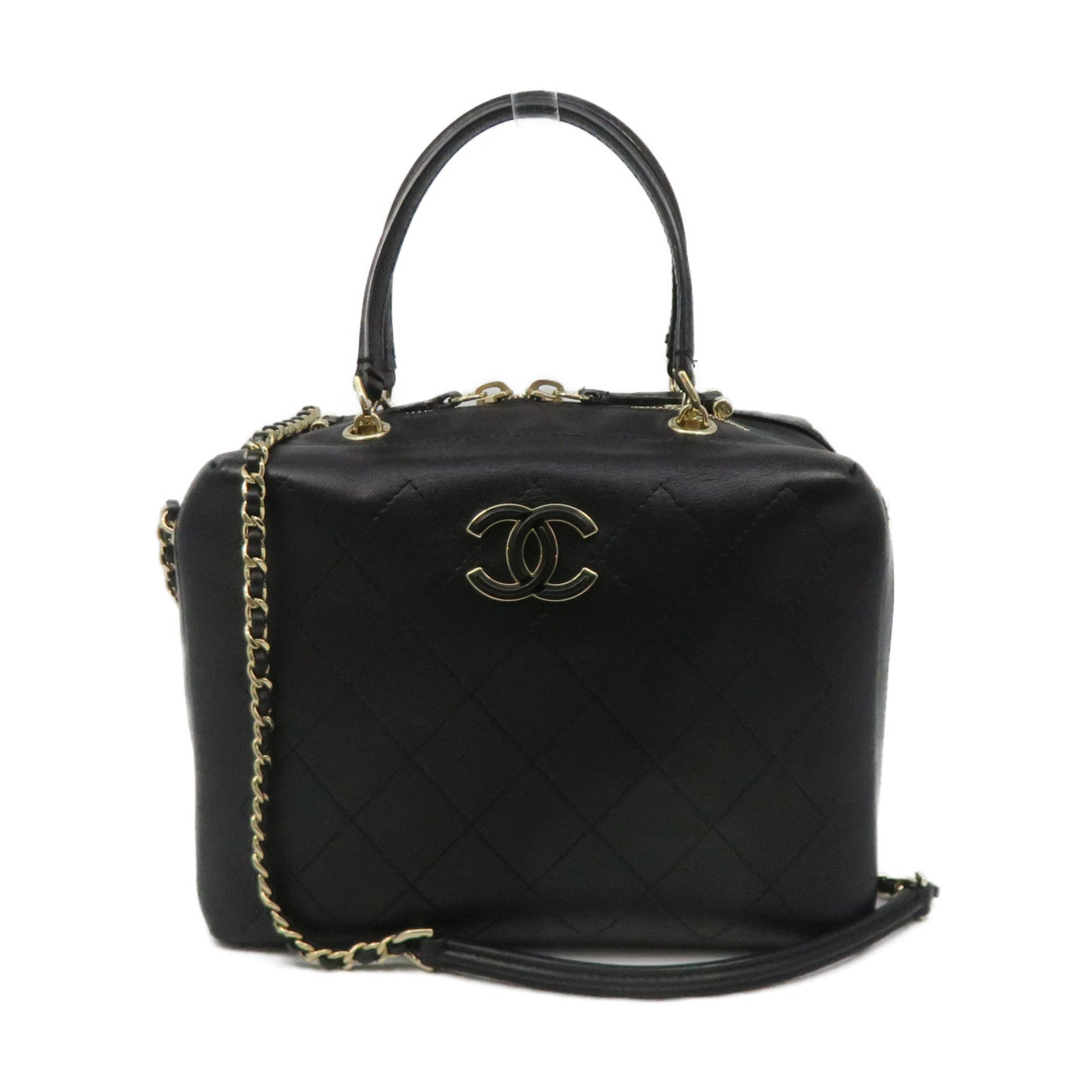 CHANEL 菱格牛皮皮革2Way Shoulder Bag金扣链带肩背袋黑色