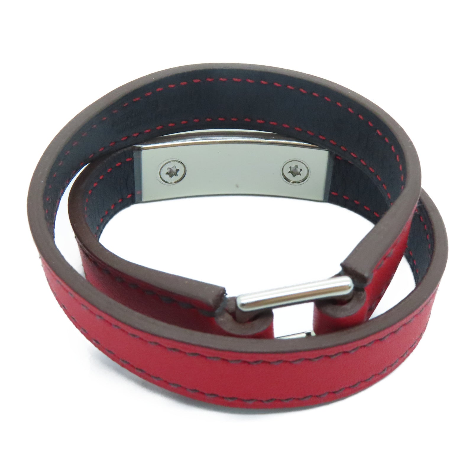 HERMES Swift皮革Rivale Double Tour Bracelet銀扣手帶紅色