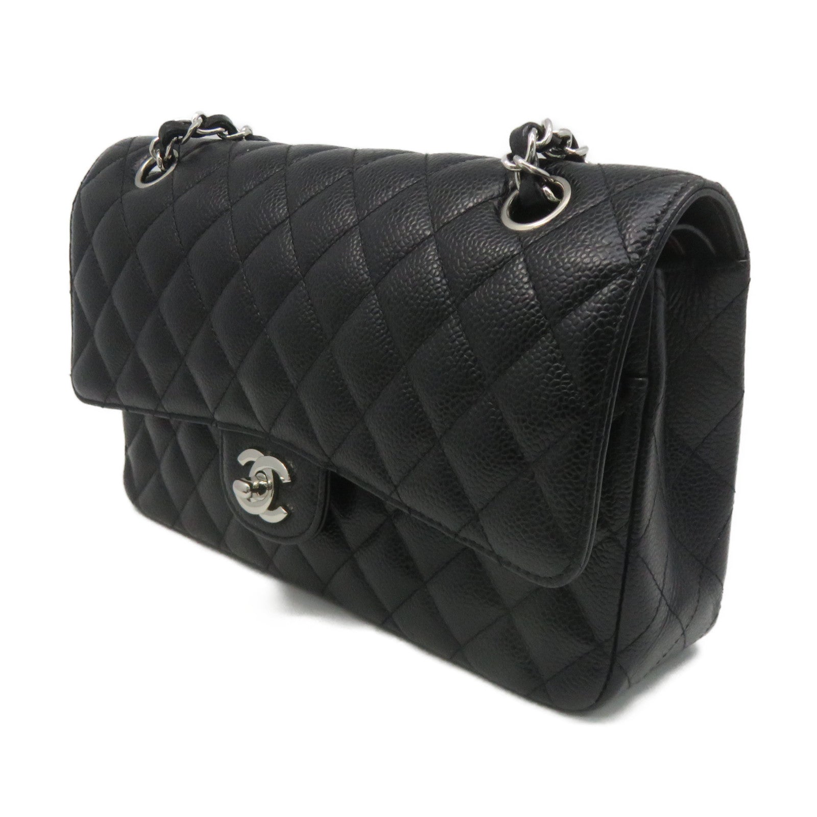 CHANEL 菱格Caviar皮革Classic Flap Chain Shoulder Bag銀扣鏈帶肩背袋黑色
