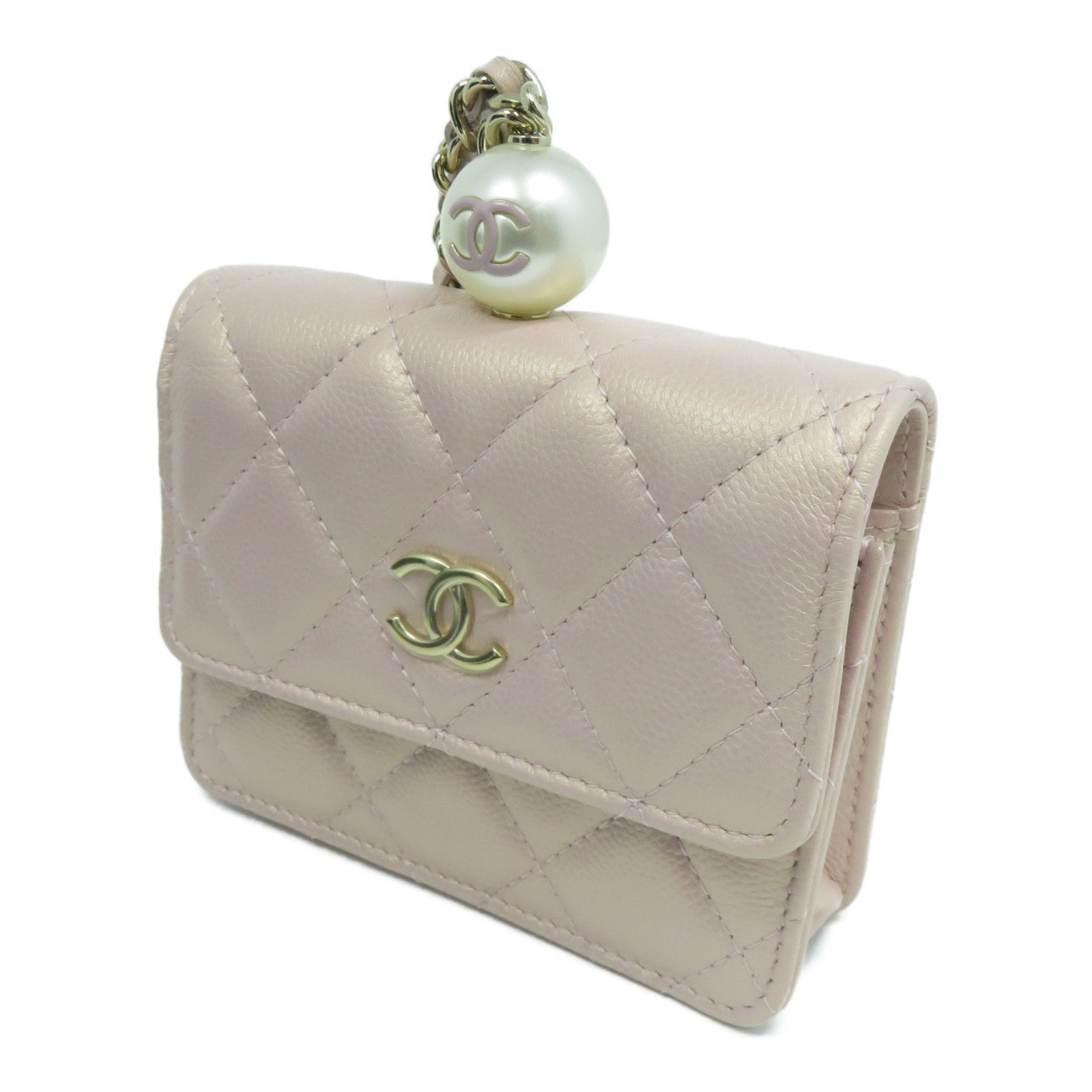 CHANEL 菱格Caviar皮革CC Pearl Chain Bag金扣零錢包粉紅色
