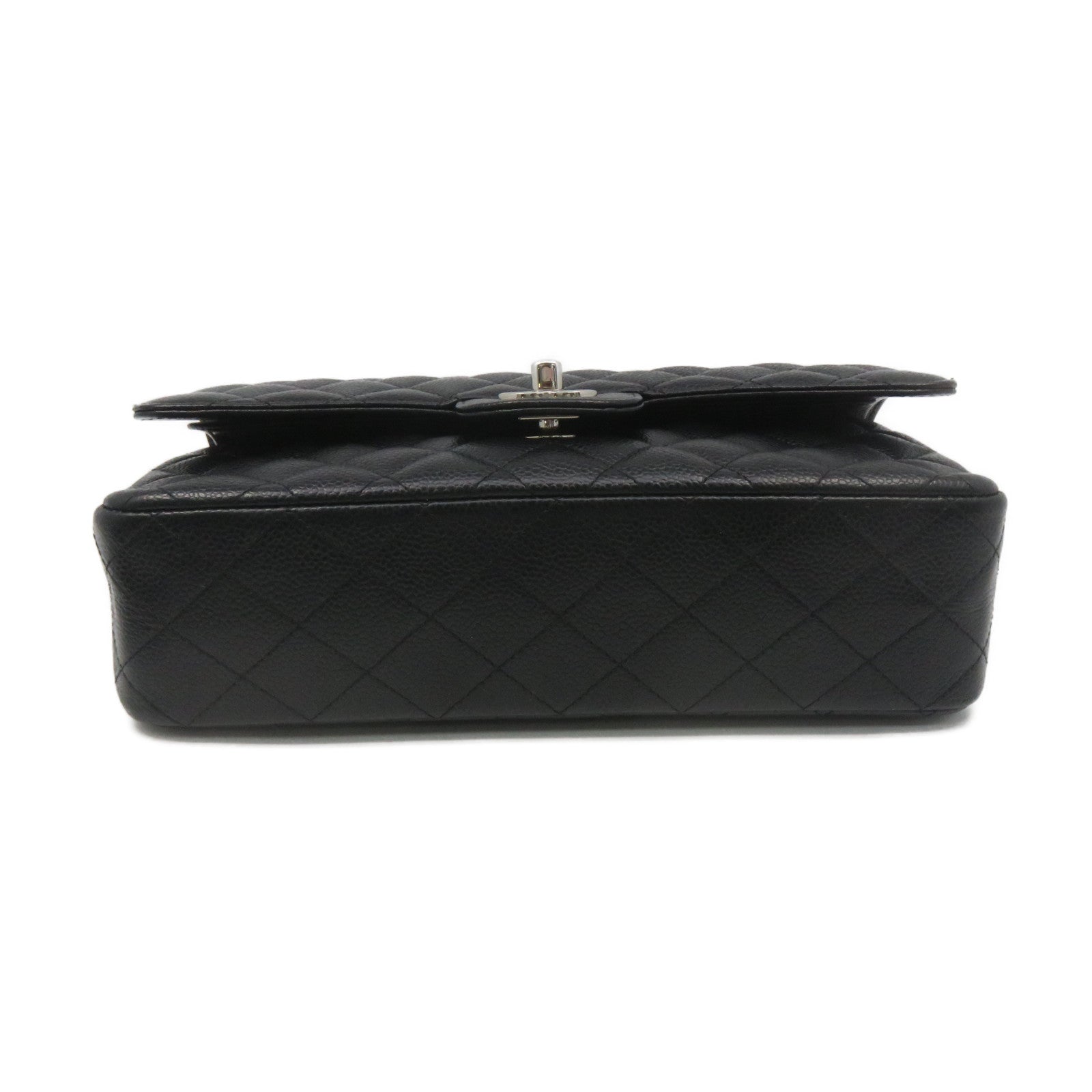 CHANEL 菱格Caviar皮革Classic Flap Chain Shoulder Bag銀扣鏈帶肩背袋黑色