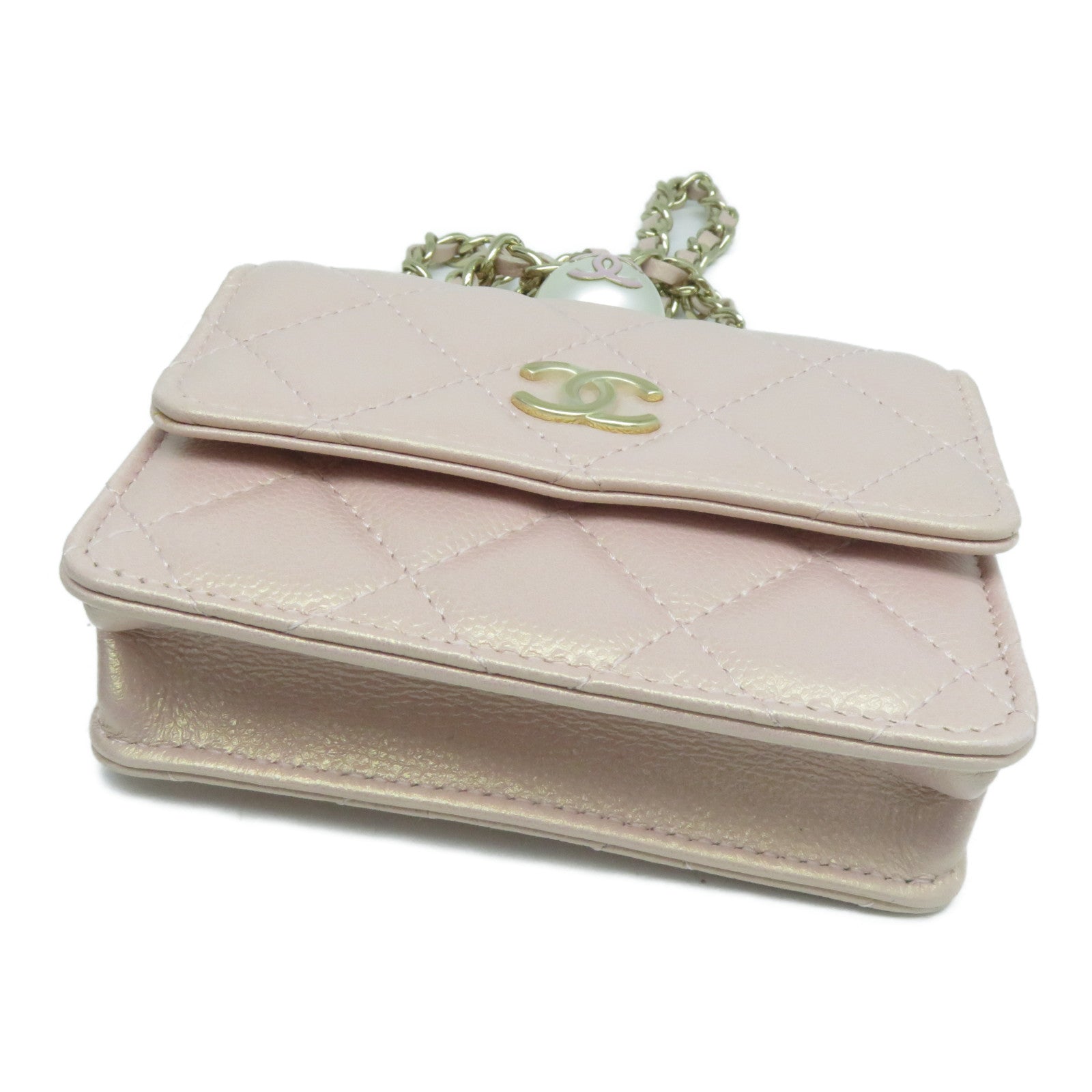 CHANEL 菱格Caviar皮革CC Pearl Chain Bag金扣零錢包粉紅色