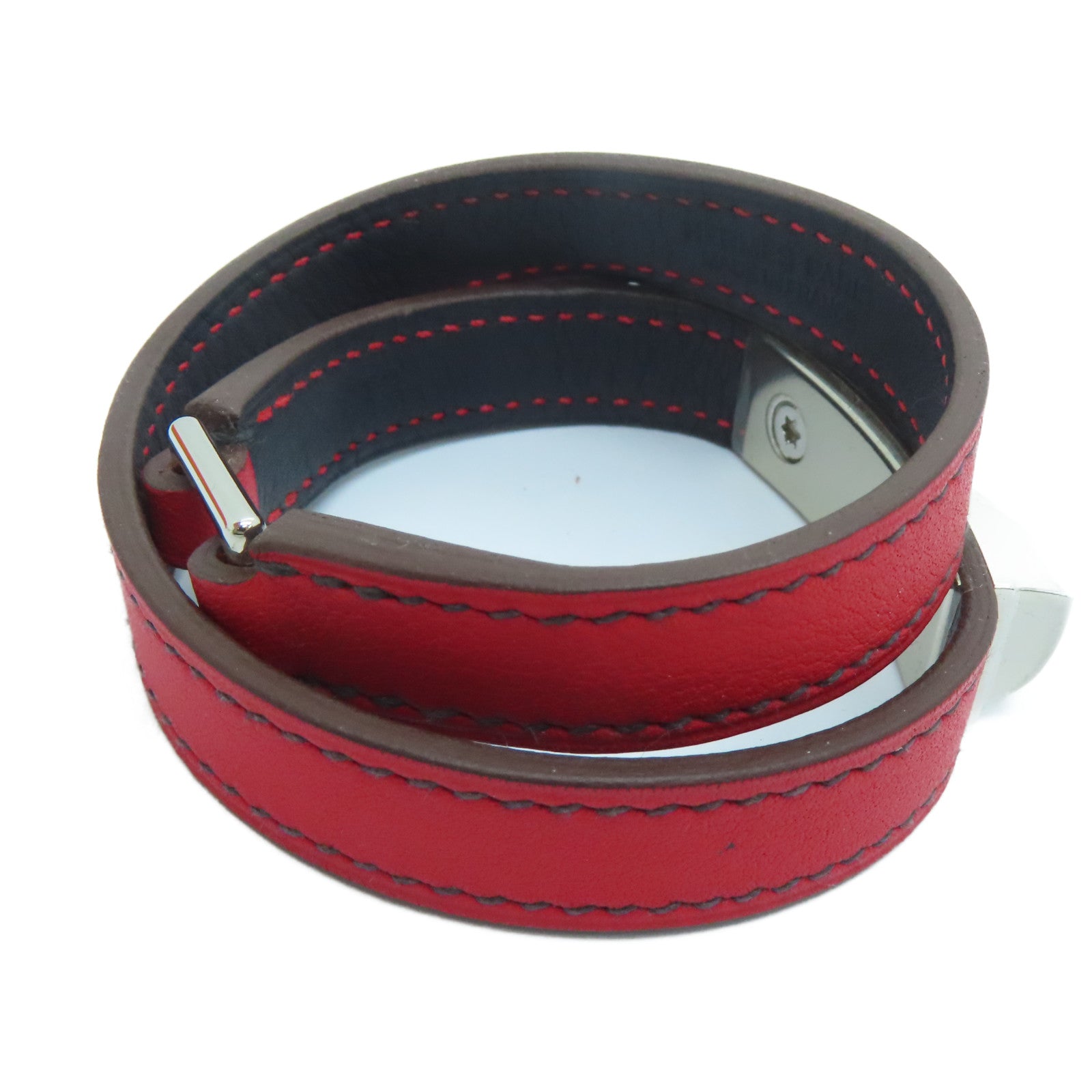 HERMES Swift皮革Rivale Double Tour Bracelet銀扣手帶紅色