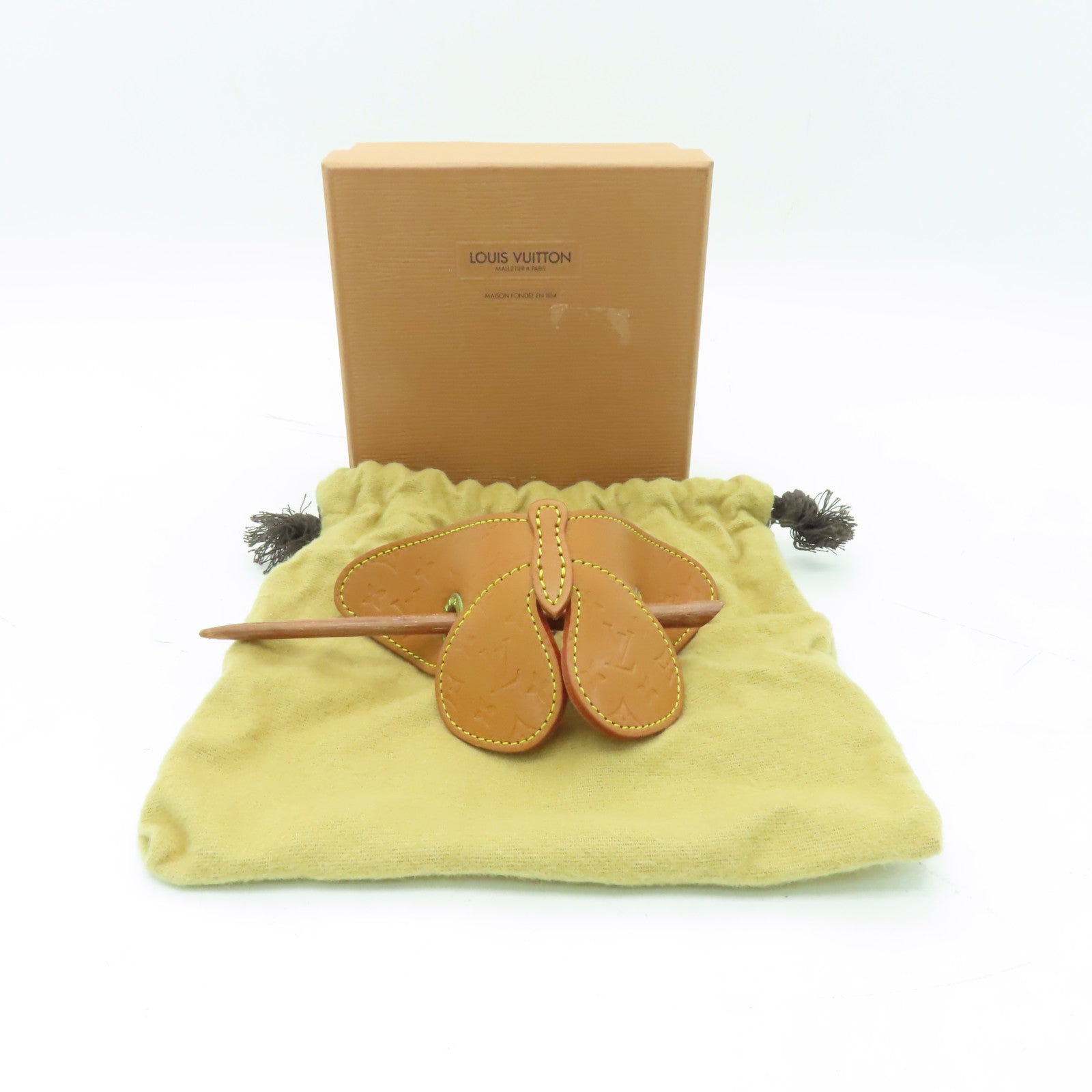 LOUIS VUITTON Tenned Leather Hair Clip金扣髮夾啡色