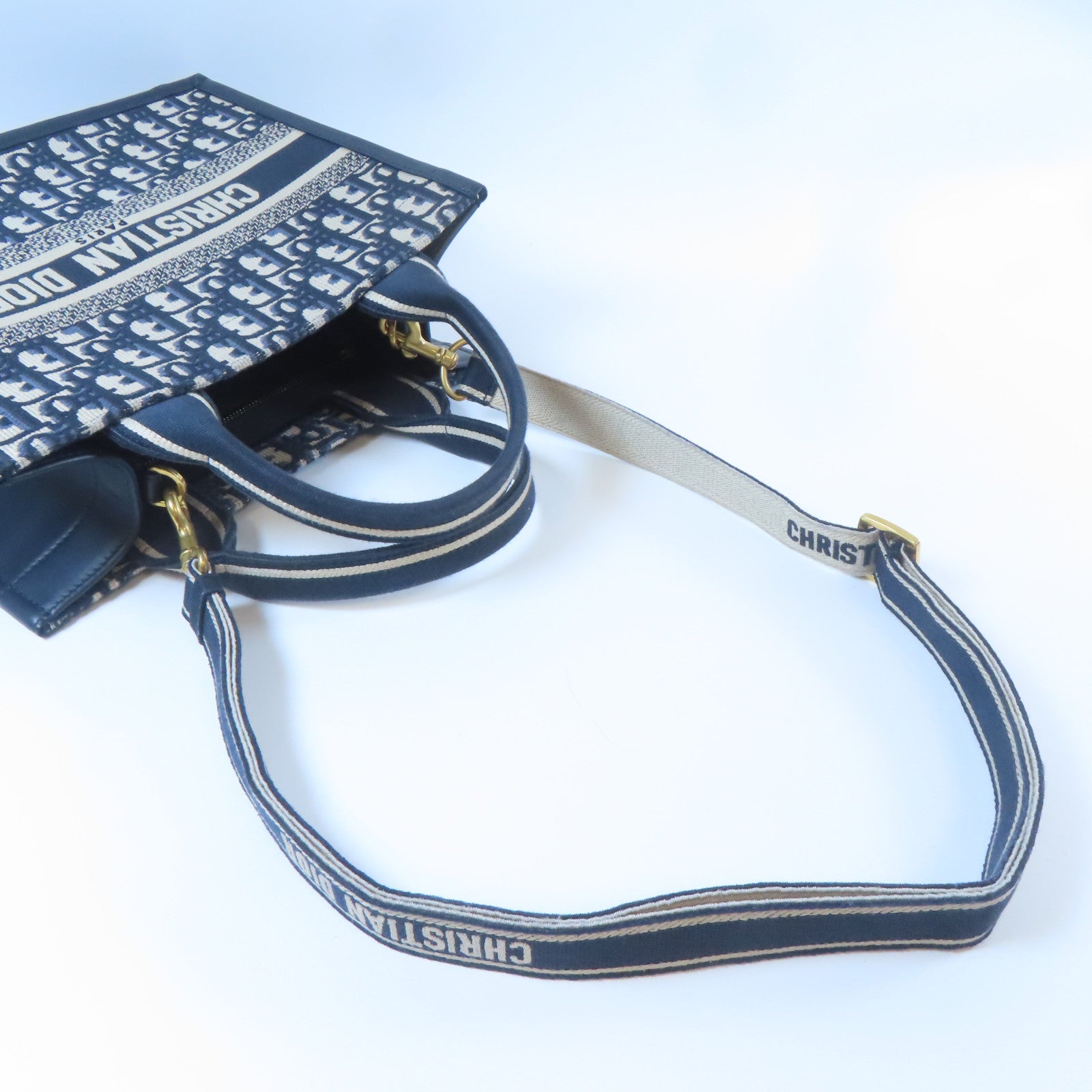 Dior 帆布Small Dior Book Tote金扣手挽肩背兩用袋藍色