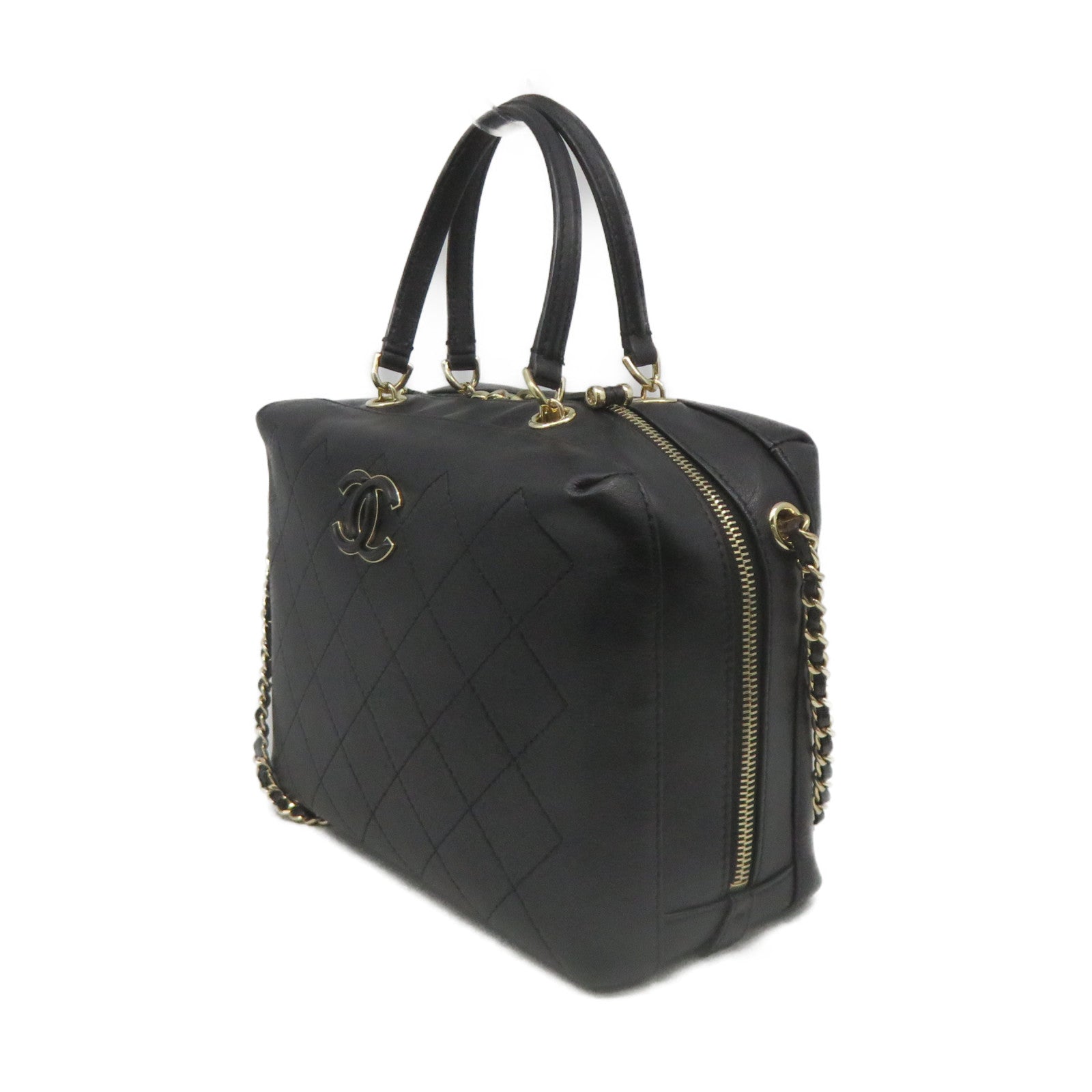 CHANEL 菱格牛皮皮革2Way Shoulder Bag金扣链带肩背袋黑色