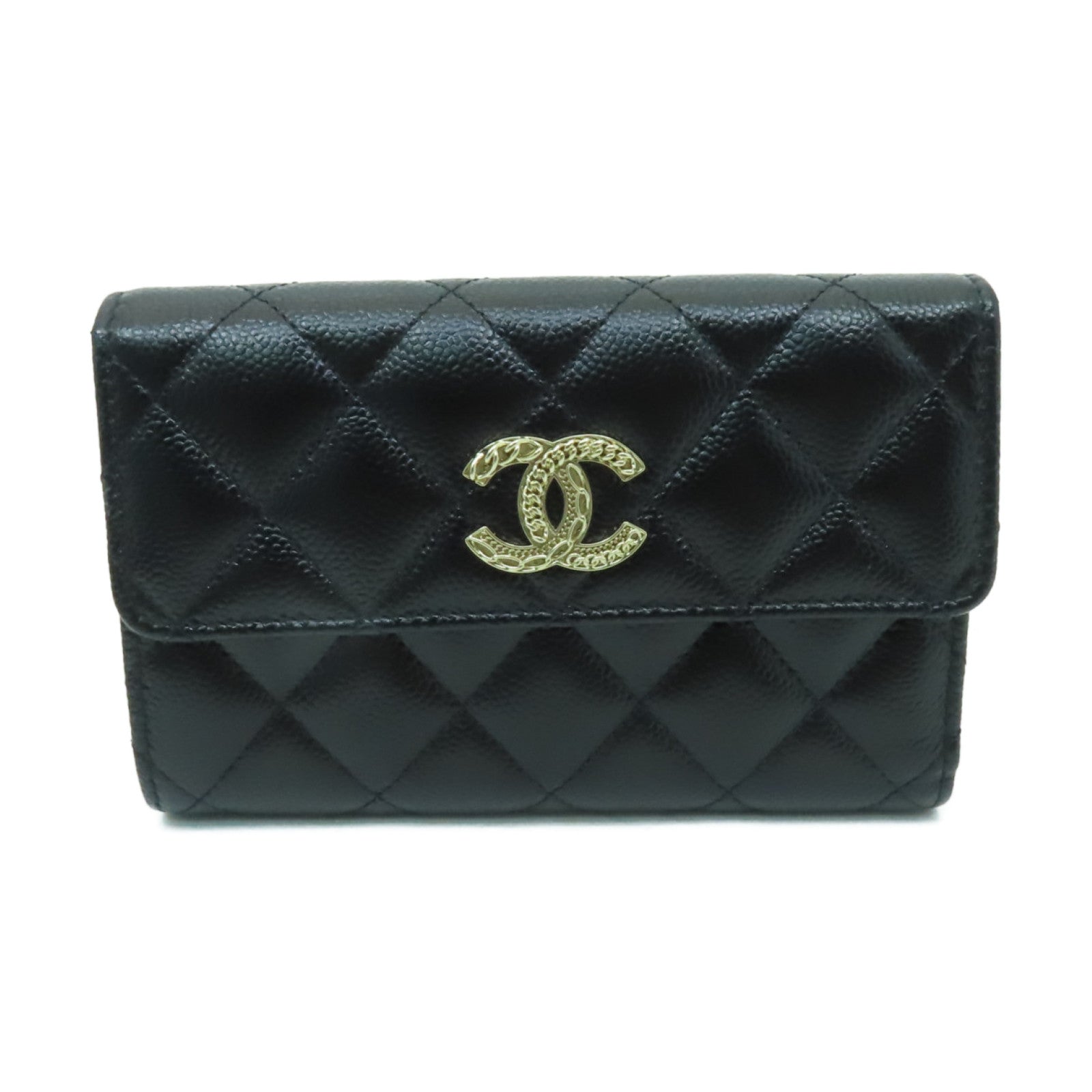 CHANEL 菱格Caviar皮革Wallet金扣錢包黒色