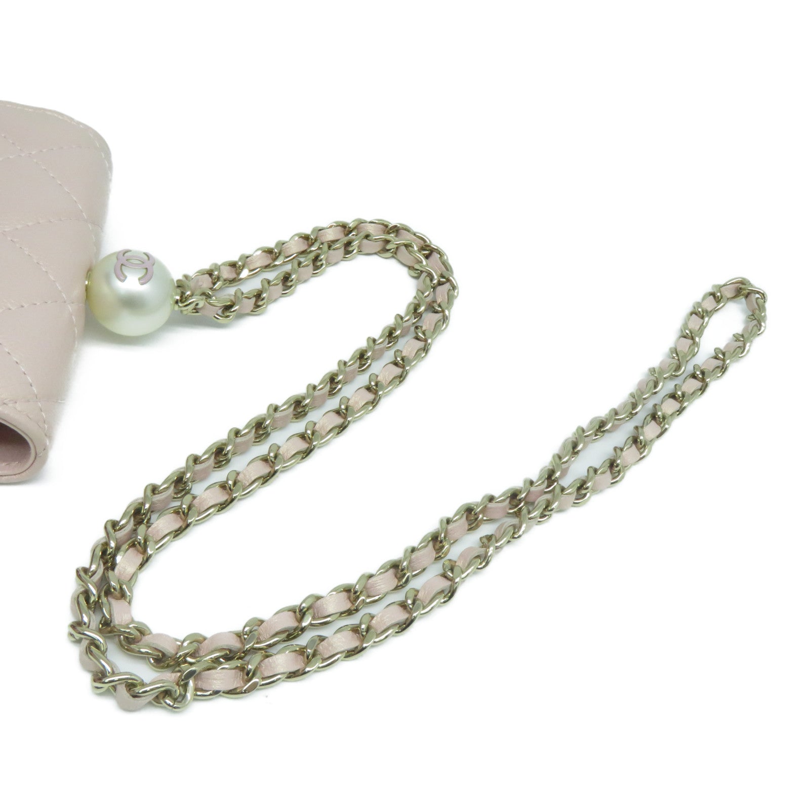 CHANEL 菱格Caviar皮革CC Pearl Chain Bag金扣零錢包粉紅色