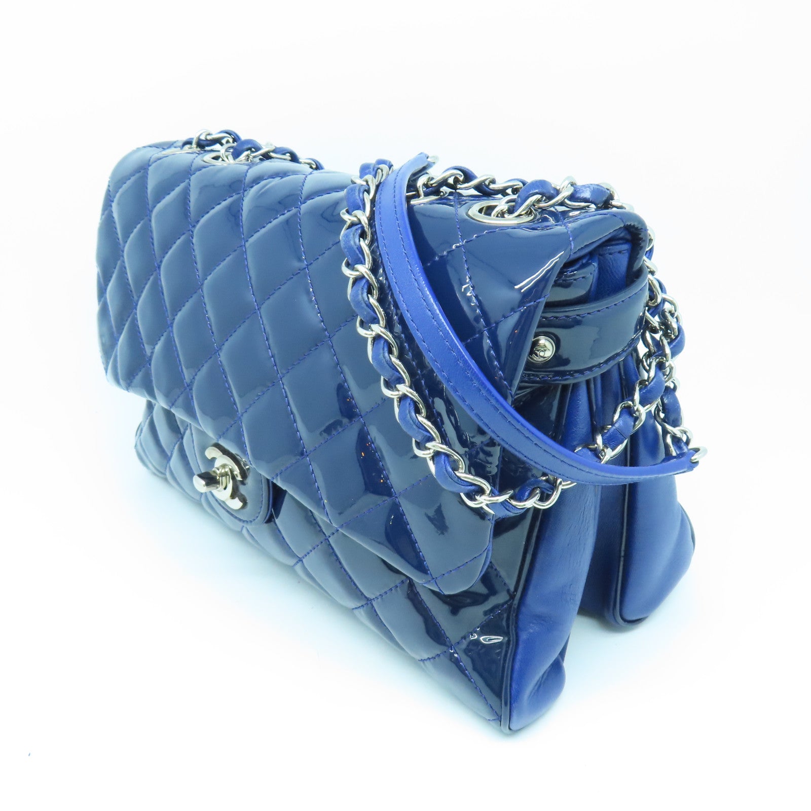 CHANEL 菱格漆皮皮革Chain Shoulder Bag銀扣鏈帶肩背袋藍色