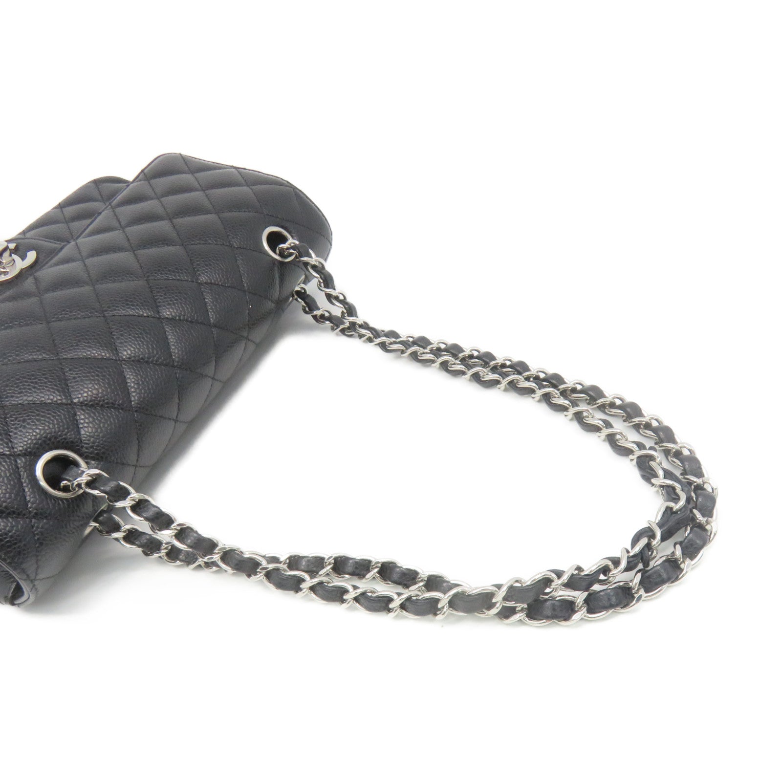 CHANEL 菱格Caviar皮革Classic Flap Chain Shoulder Bag銀扣鏈帶肩背袋黑色