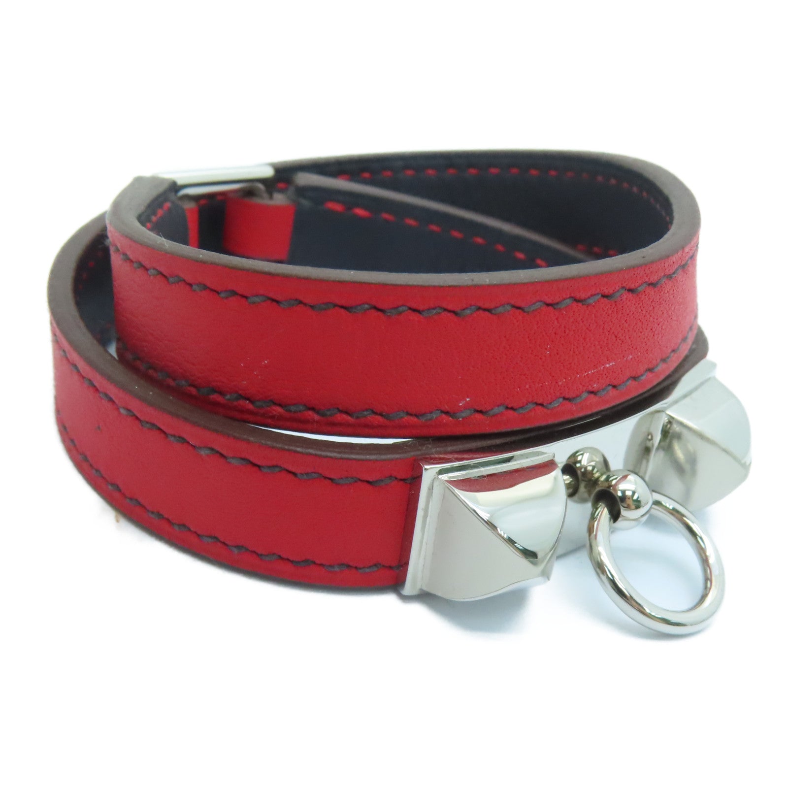 HERMES Swift皮革Rivale Double Tour Bracelet銀扣手帶紅色