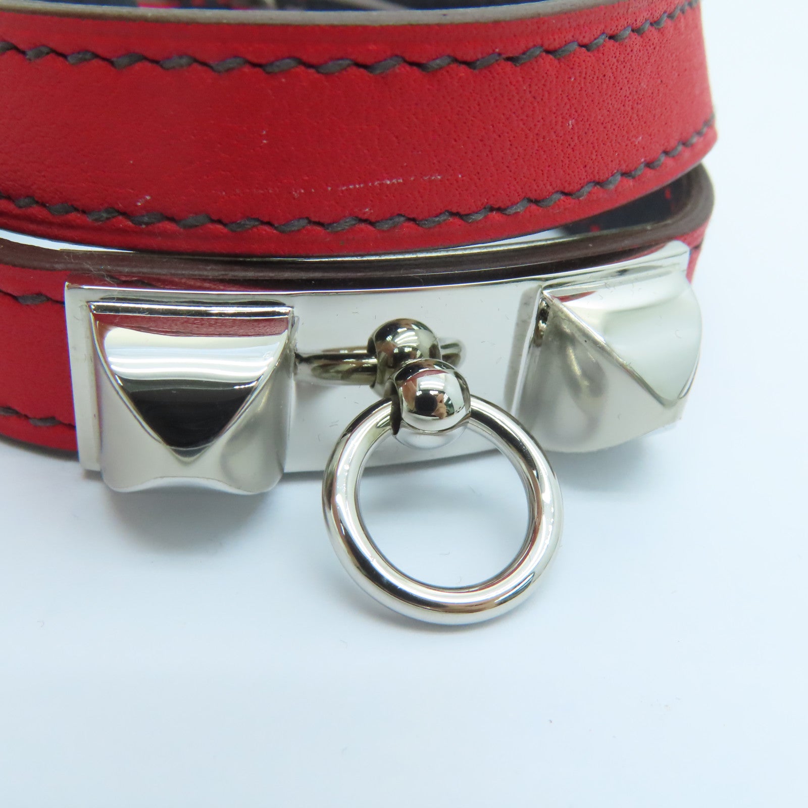 HERMES Swift皮革Rivale Double Tour Bracelet銀扣手帶紅色